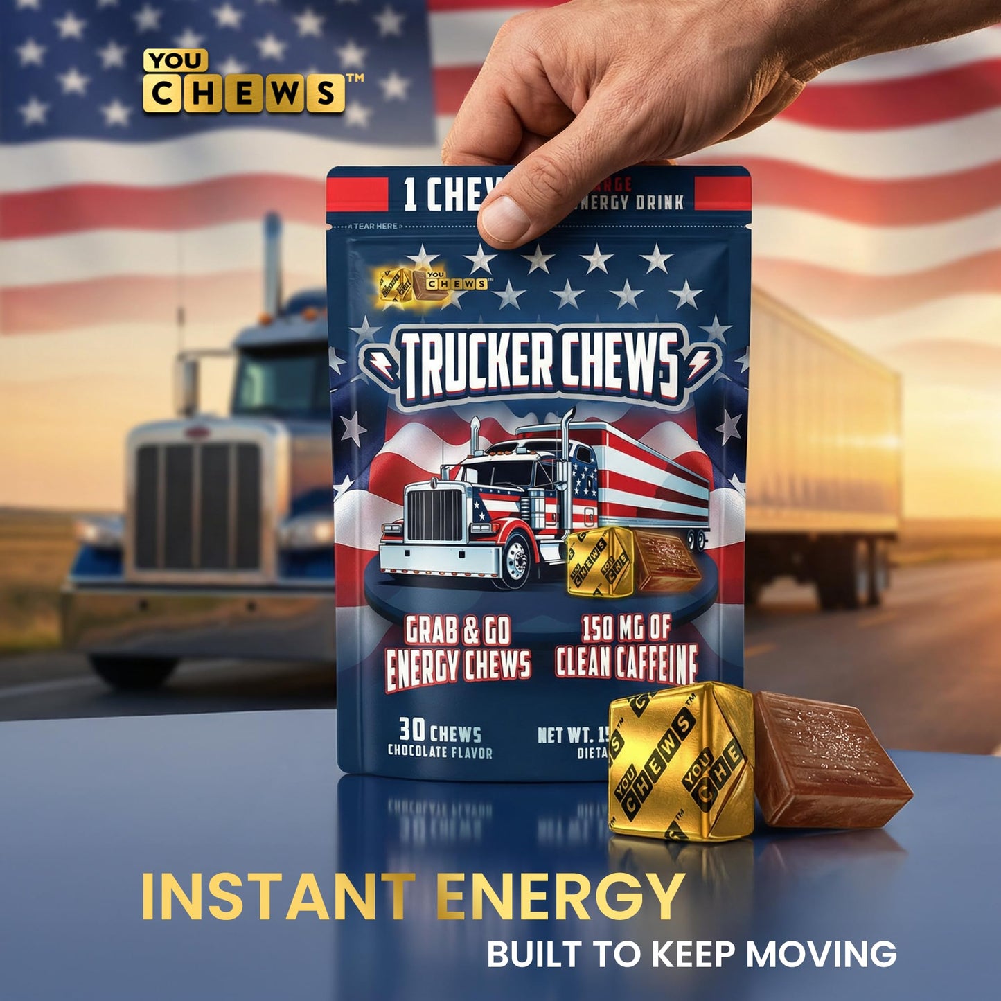 YouChews Trucker Chews Energy Bites Chews, 150mg Caffeine, No Jitters, 30 Count