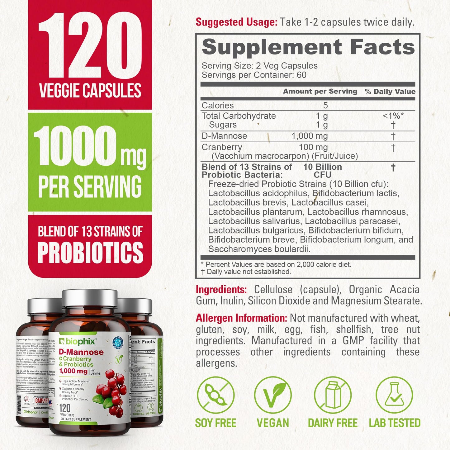 biophix D-Mannose 1000mg Capsules with Cranberry & Probiotics for Women, Urinary Tract & Bladder Health Support, Digestive Well-Being, 120 Capsules