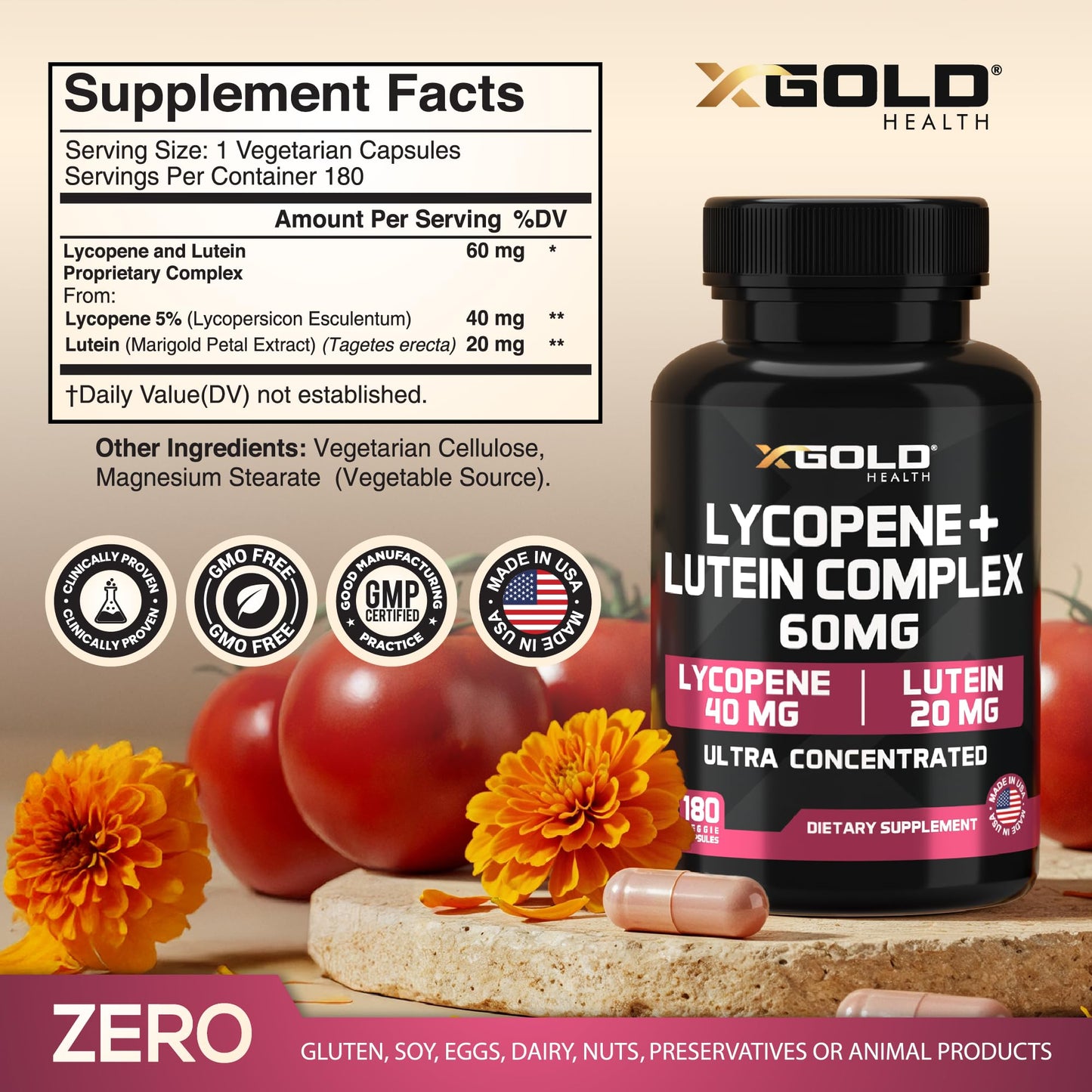 X Gold Health Lycopene 5% + Lutein Supplement 60mg Capsules, 180 Capsules