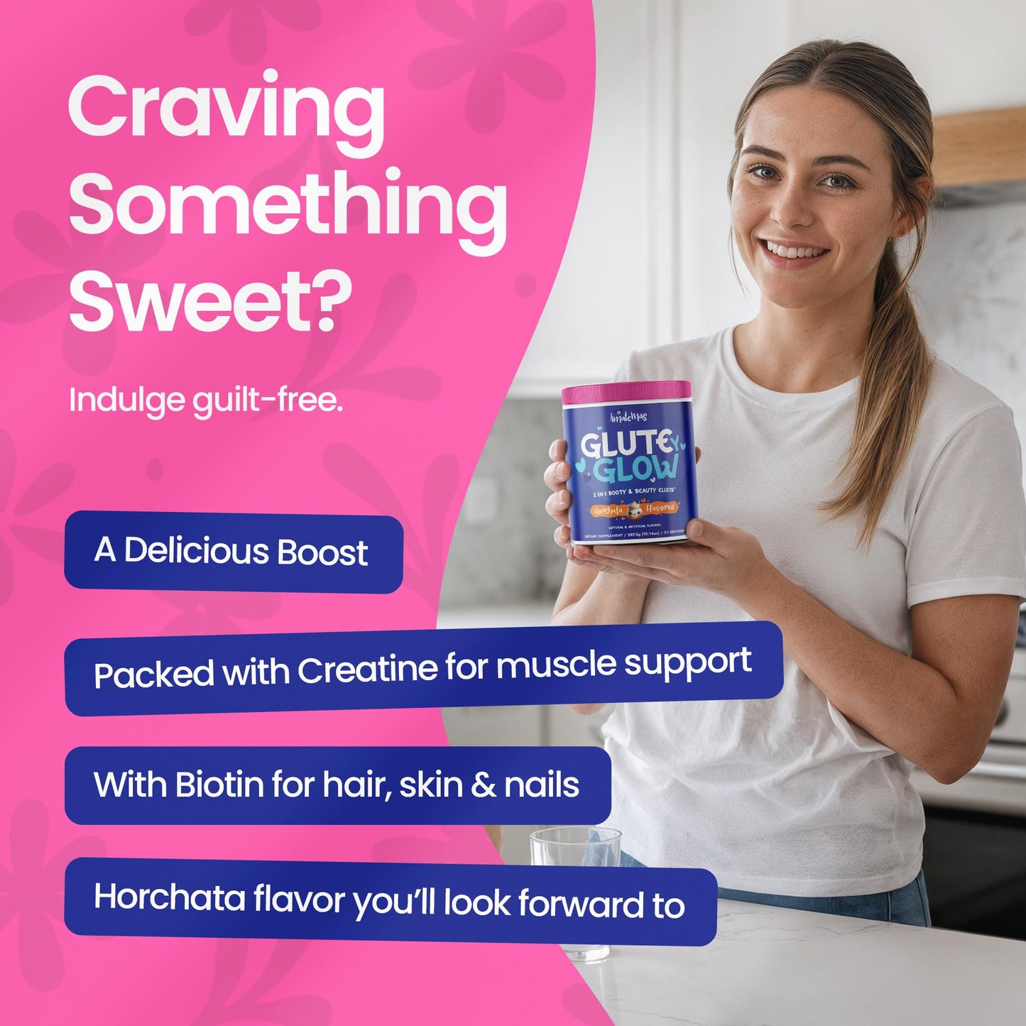 Amatemas Glute Y Glow – Women's Creatine + Biotin Supplement for Muscle Growth, Glute Support, Hair Skin & Nails – Horchata Flavor – Energy Support – Lean Muscle – Daily Performance Blend, Powder, 25