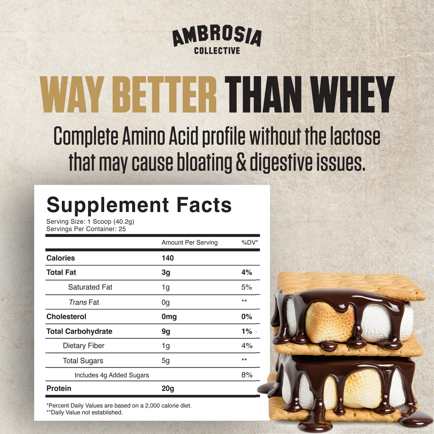 Ambrosia Plant Based Protein Powder Campfire Smores, 25 Servings