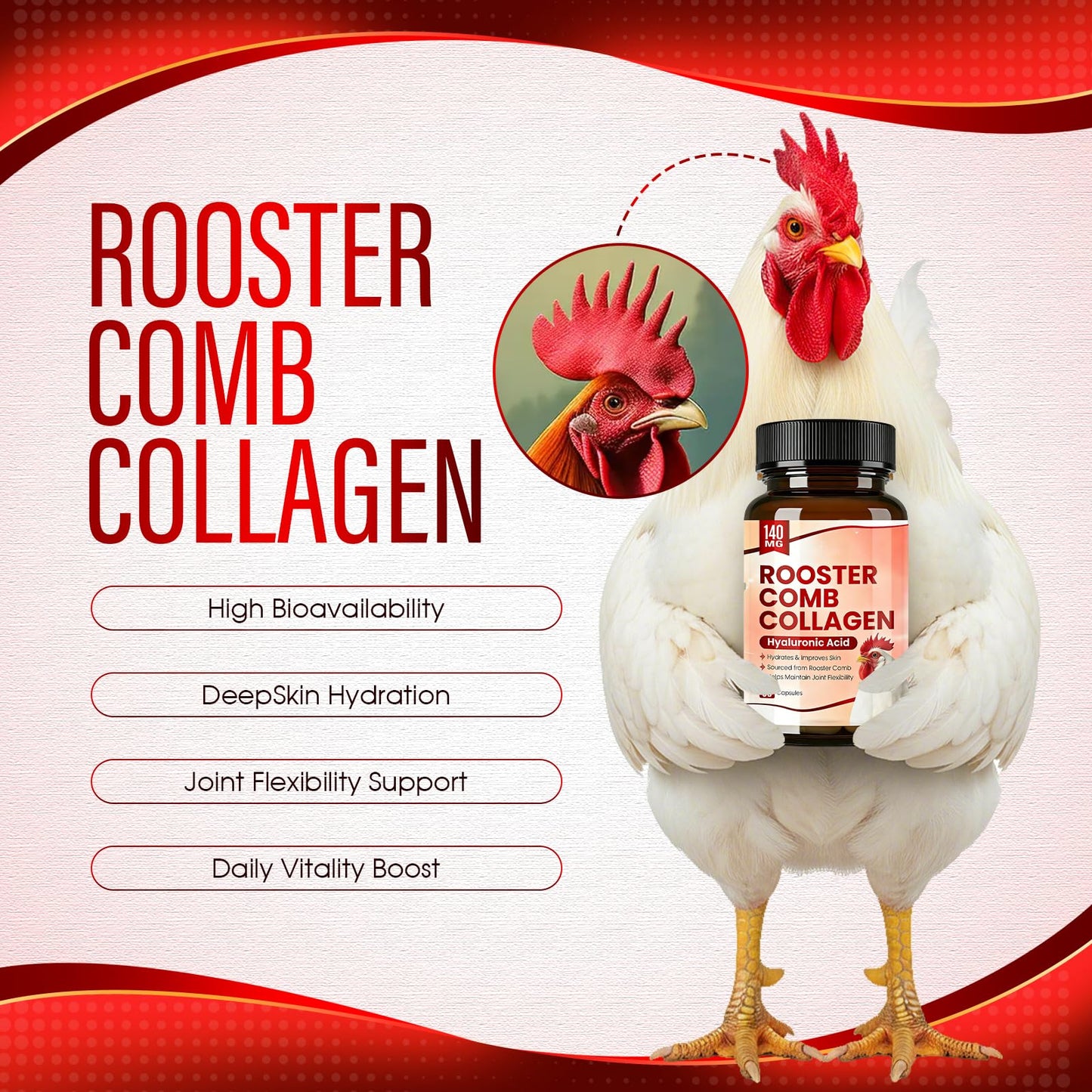 Aevezom Rooster Comb Collagen & Hyaluronic Acid Supplement, Rooster Comb Extract 140 mg, 90 Capsules