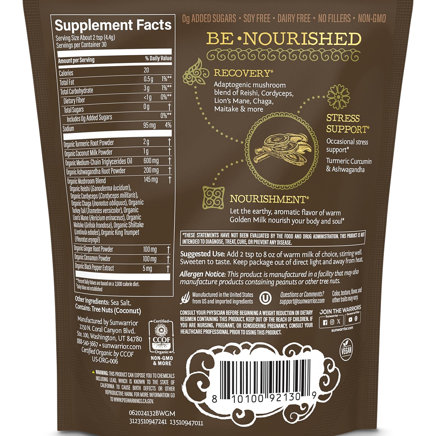 Sunwarrior Organic Golden Milk Powder with Ashwagandha Turmeric Curcumin, 3.17 oz