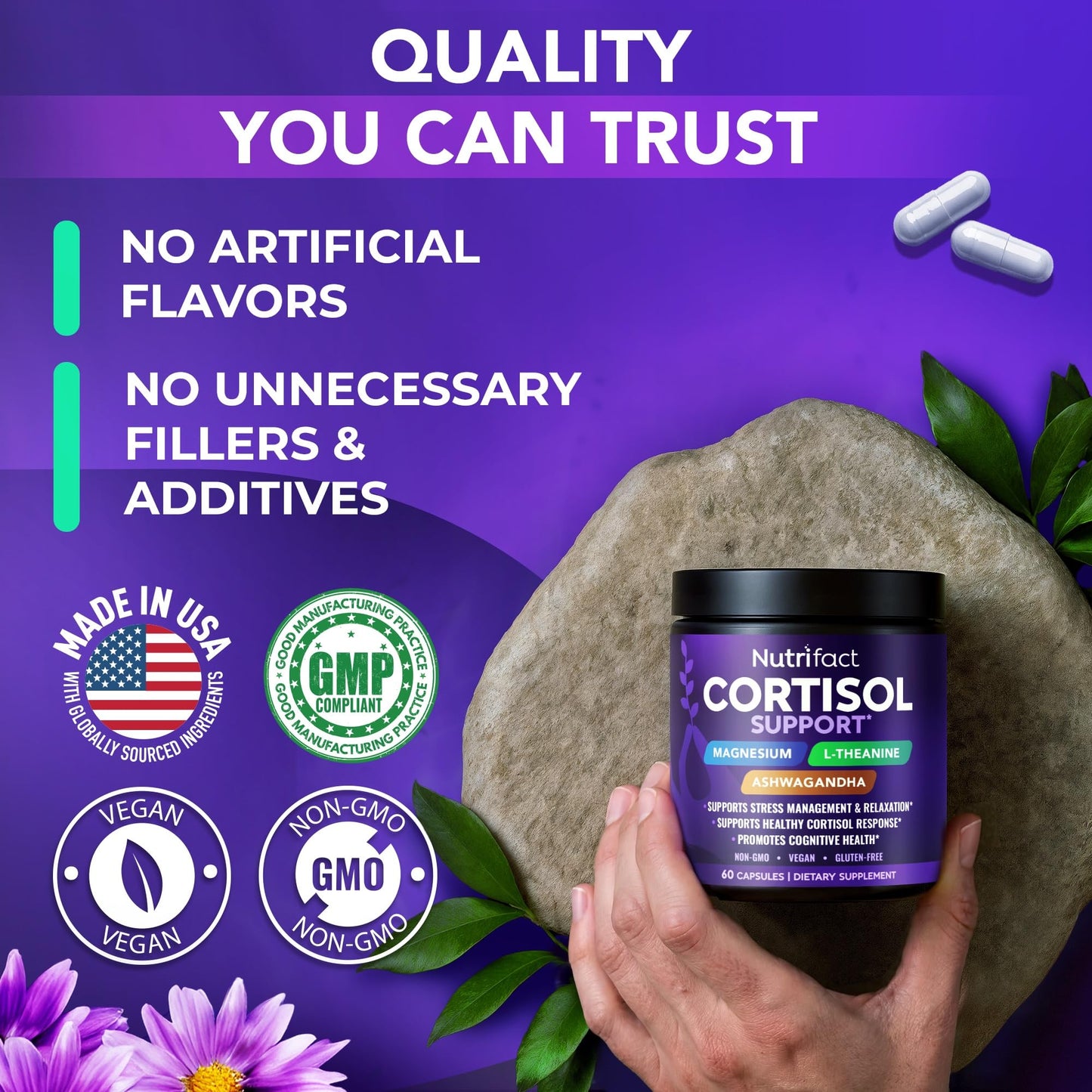 NutriFact Cortisol Supplements for Women & Men – Cortisol Reducer with Ashwagandha, Magnesium, L-Theanine & Vitamin B Complex – Stress Relief, 60 Capsules