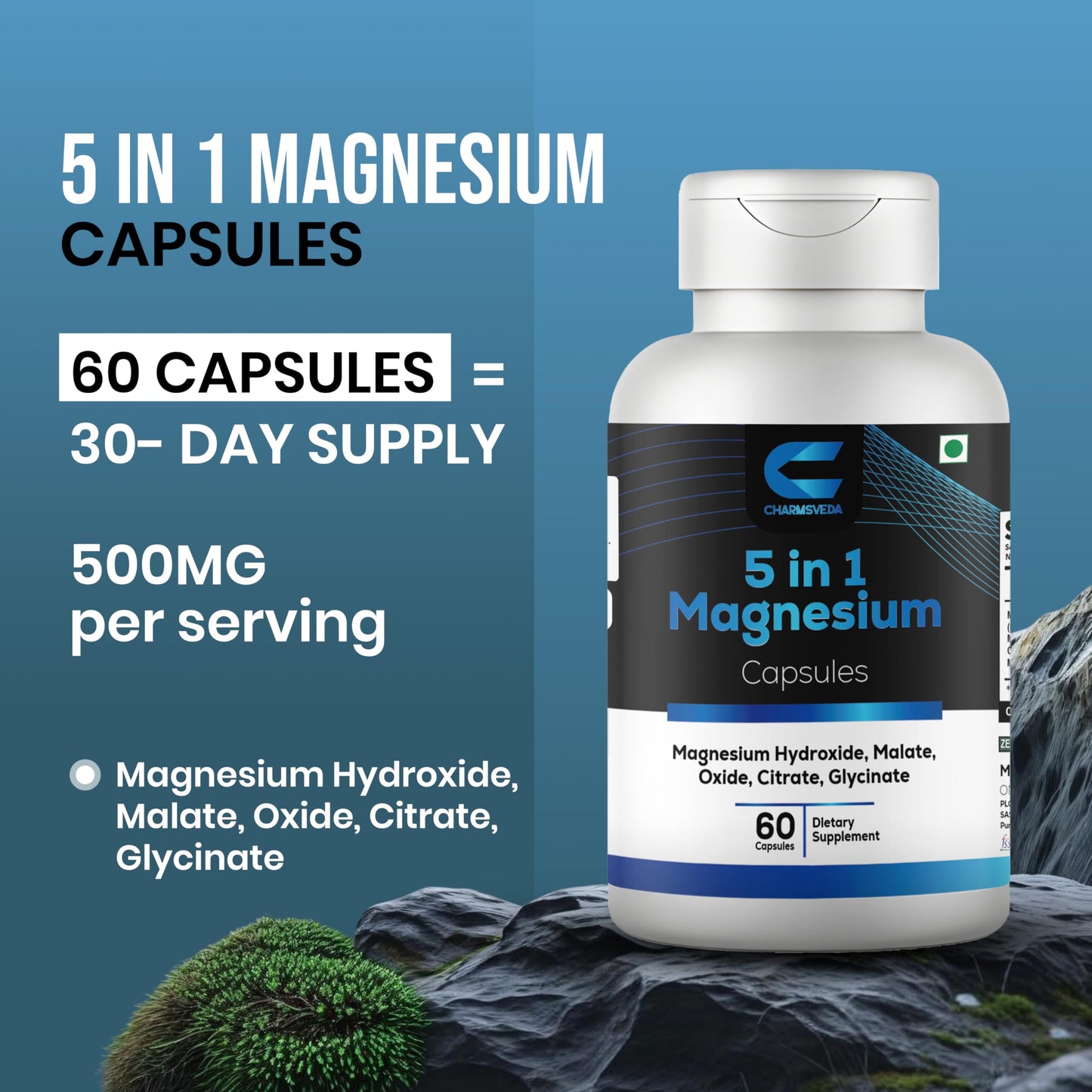 CHARMSVEDA 5-in-1 Magnesium Complex Capsules 500mg – Magnesium Glycinate, Citrate, Malate, Oxide & Hydroxide – Vegan Supplement – 60 Capsules