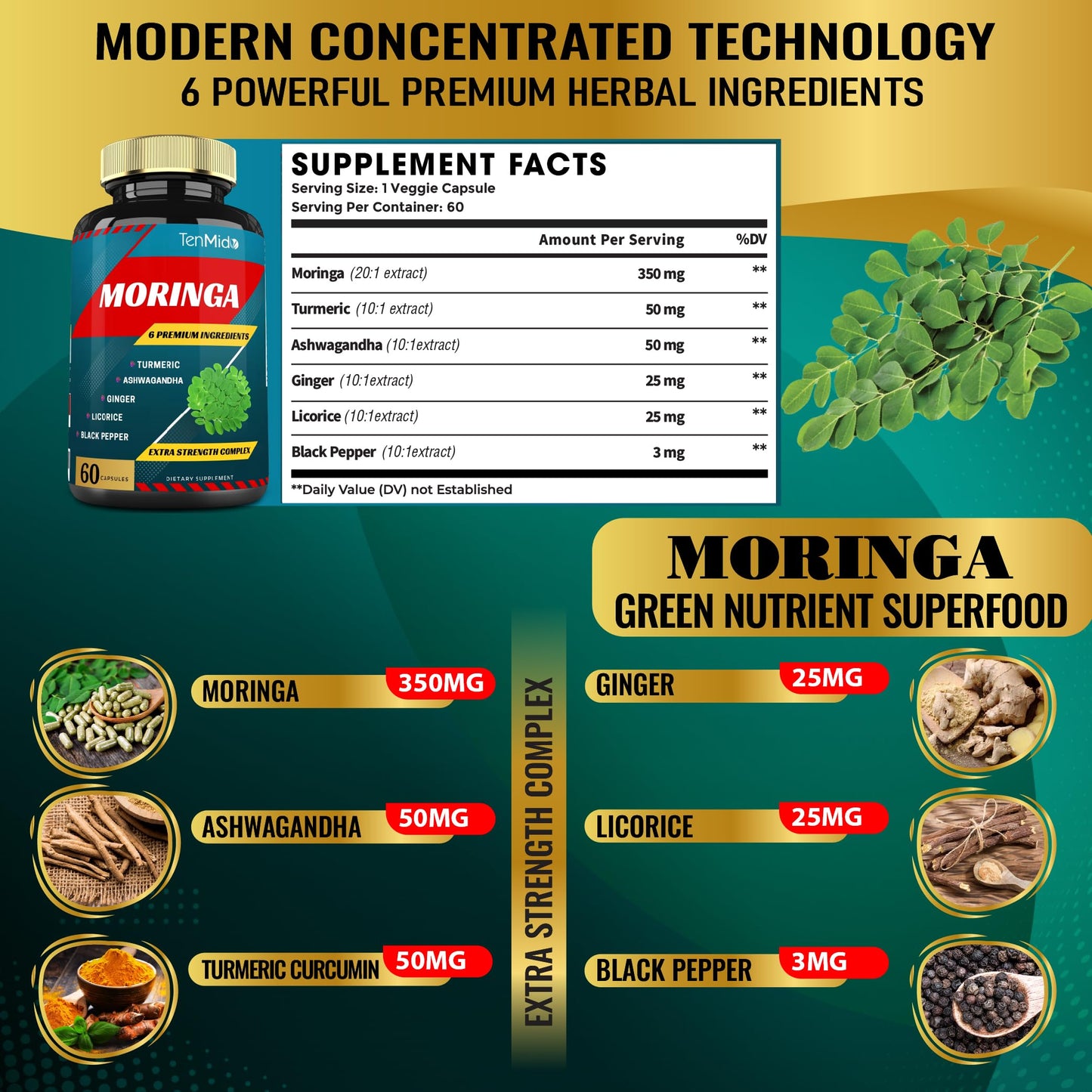 Tenmido Moringa Capsules with Turmeric, Ashwagandha, Ginger, Licorice & Black Pepper, Immune Support & Energy Booster, 120 Capsules