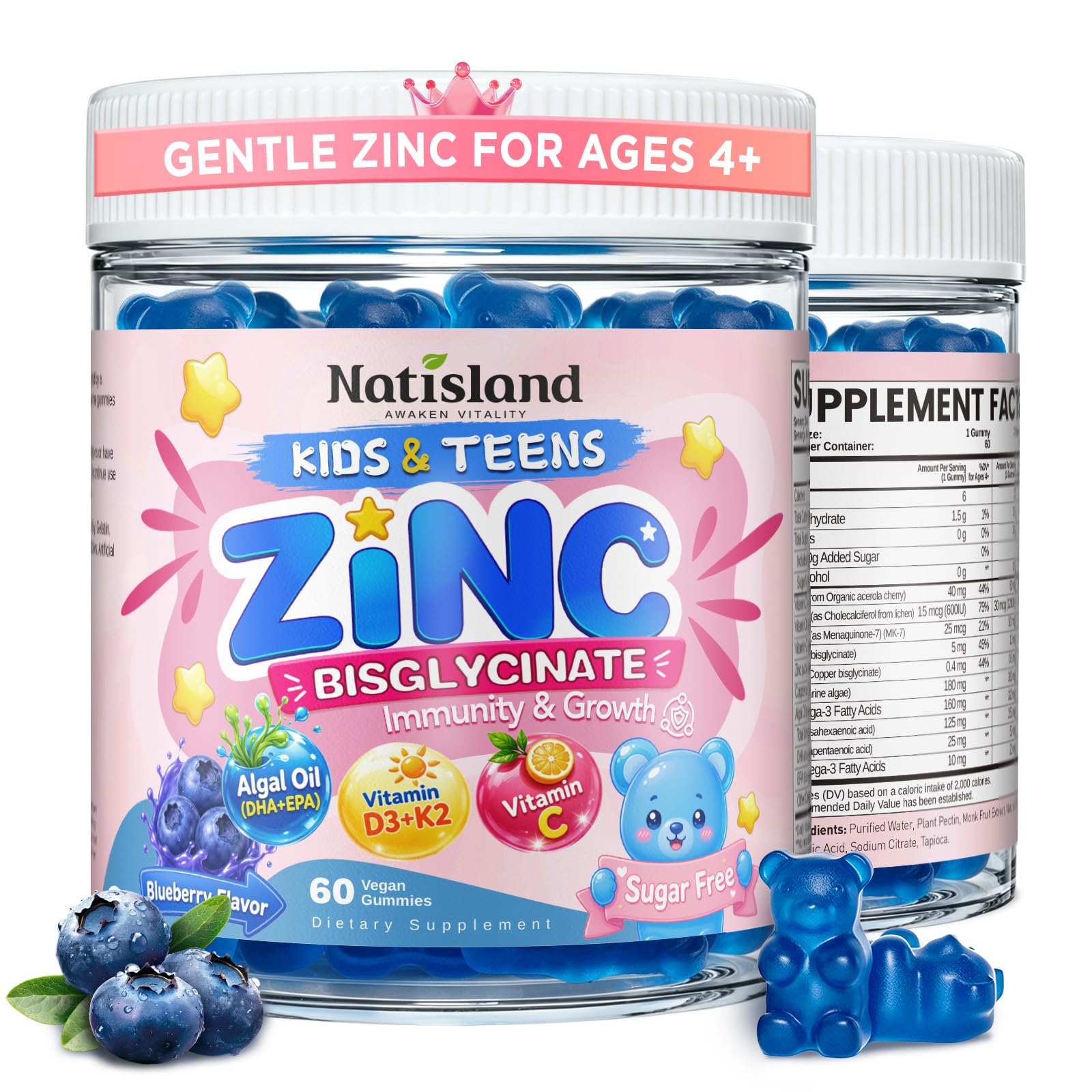 NATISLAND Zinc Bisglycinate Gummies for Kids & Teens 4+ - 60 Count