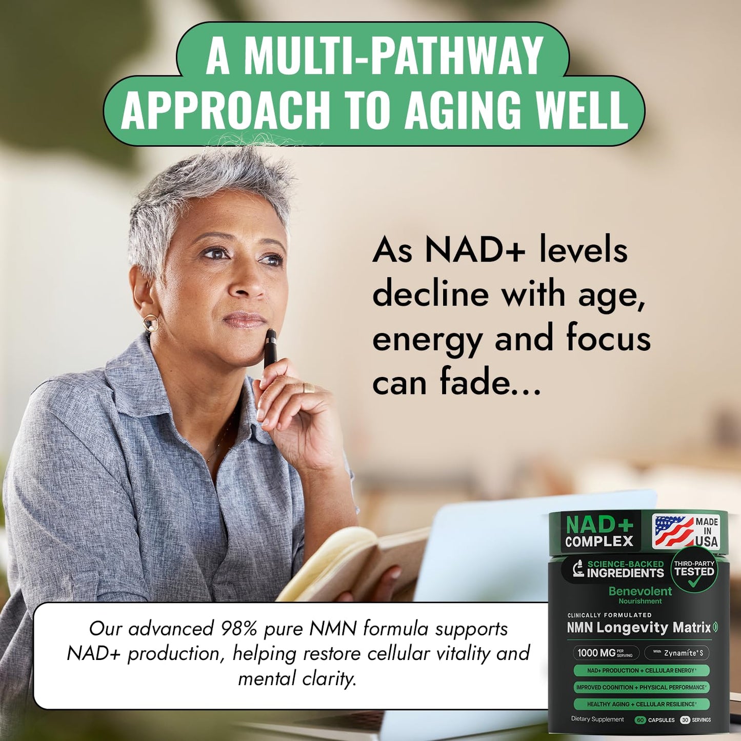 Benevolent Nourishment Advanced NMN Supplement 1000mg (98% Purity) Capsules, 60 Count