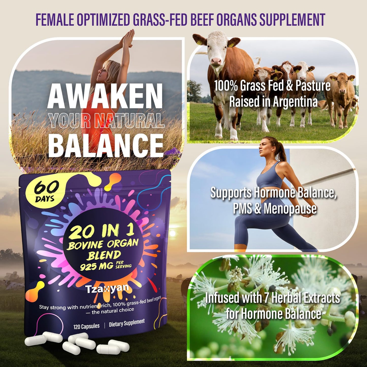 tzaxyan 20-In-1 Beef Organ Supplement for Women Capsules 120 Count