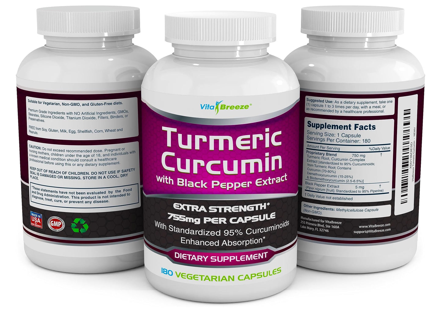 VitaBreeze Turmeric Curcumin Complex with Black Pepper Extract Capsule 180 Count