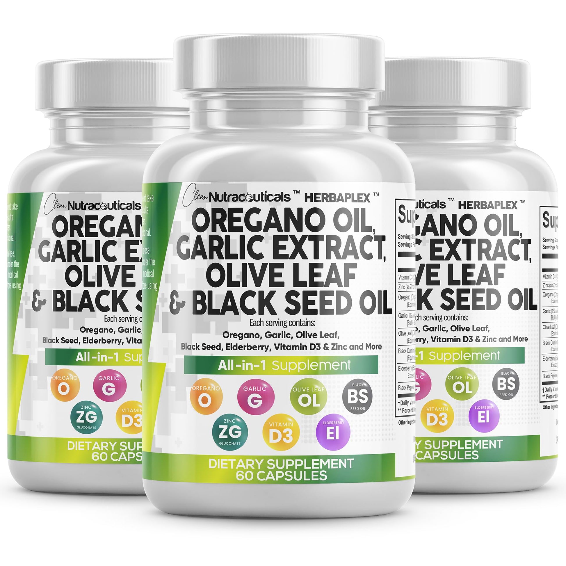 Clean Nutraceuticals Oregano Oil Garlic Extract Olive Leaf Black Seed Oil 60 Capsules