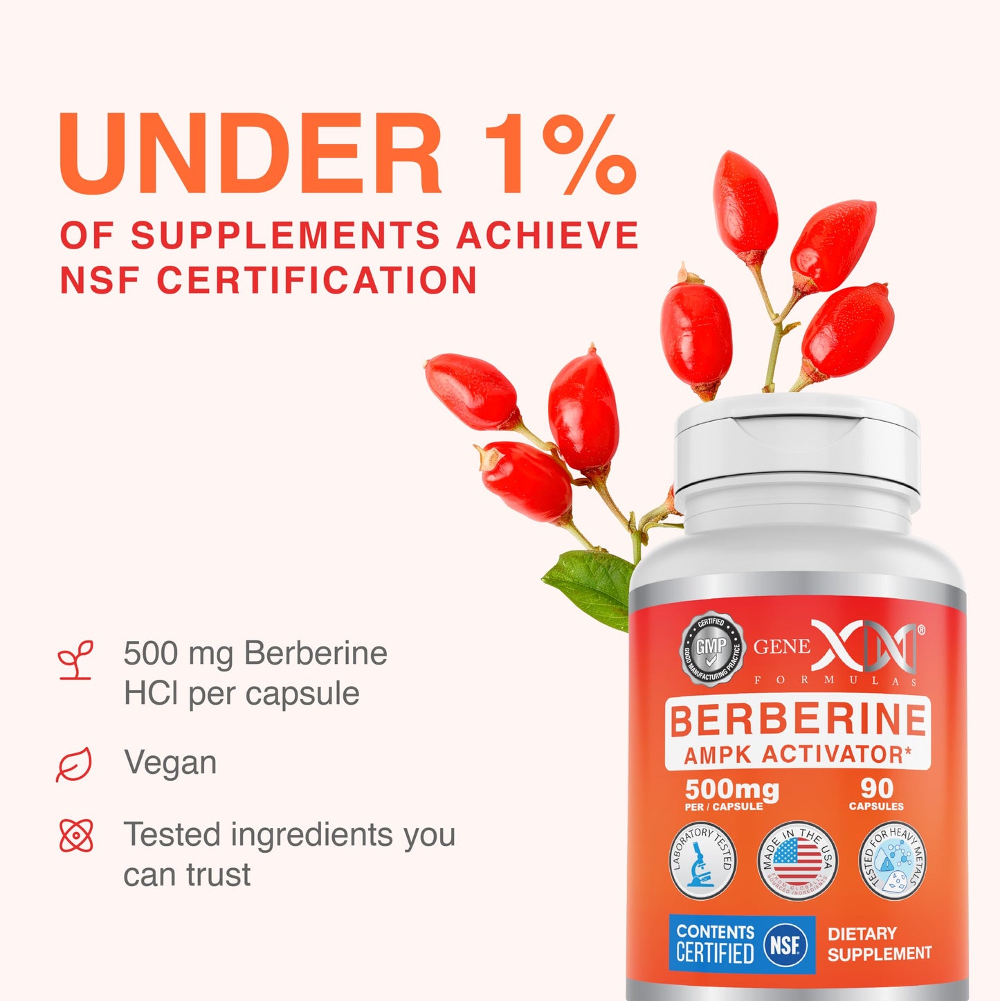 Genex Formulas Berberine HCl 500mg NSF Certified Supplement Capsule, 90 Count