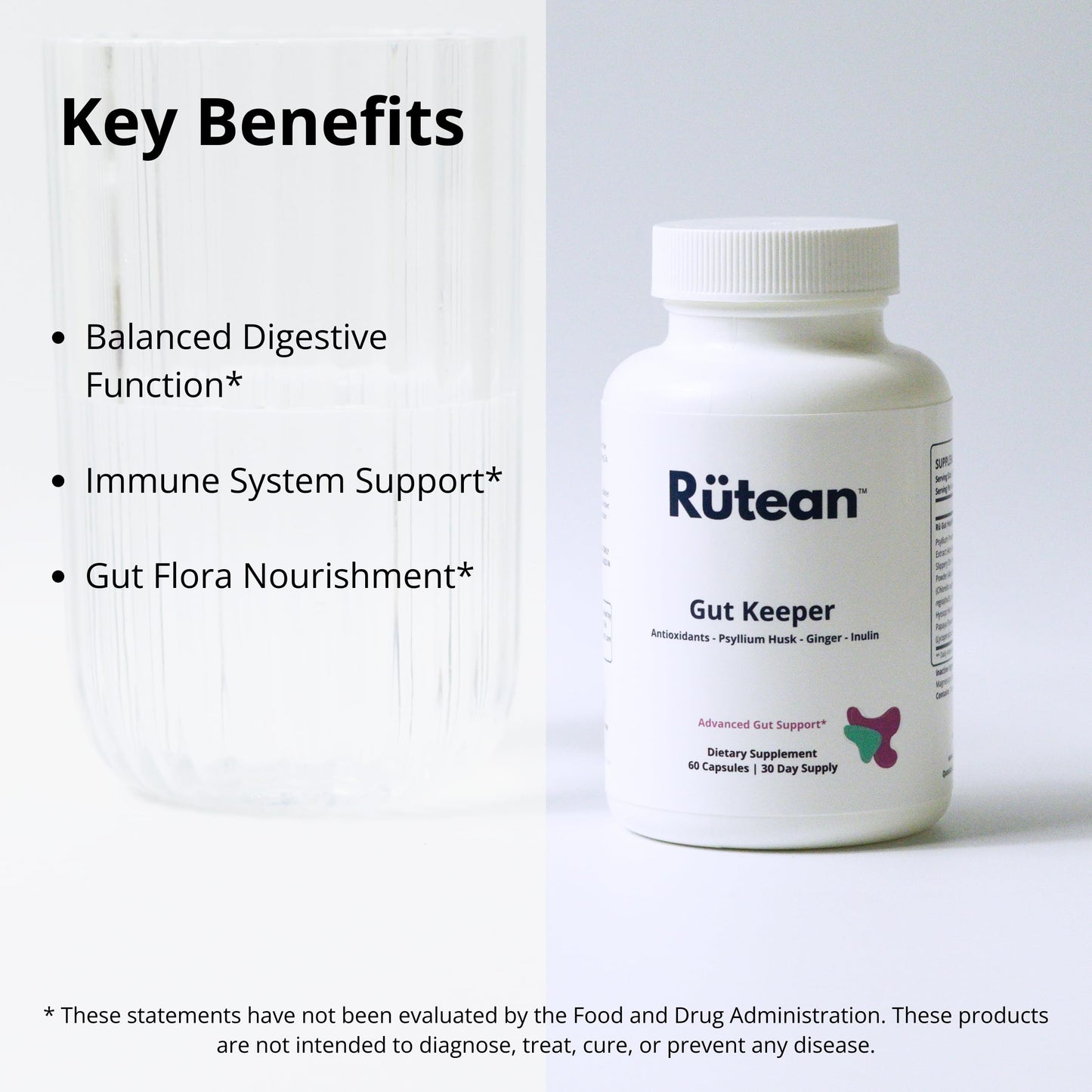 Rütean Gut Keeper Psyllium Husk, Slippery Elm Bark, Ginger Root, Inulin Capsule 60