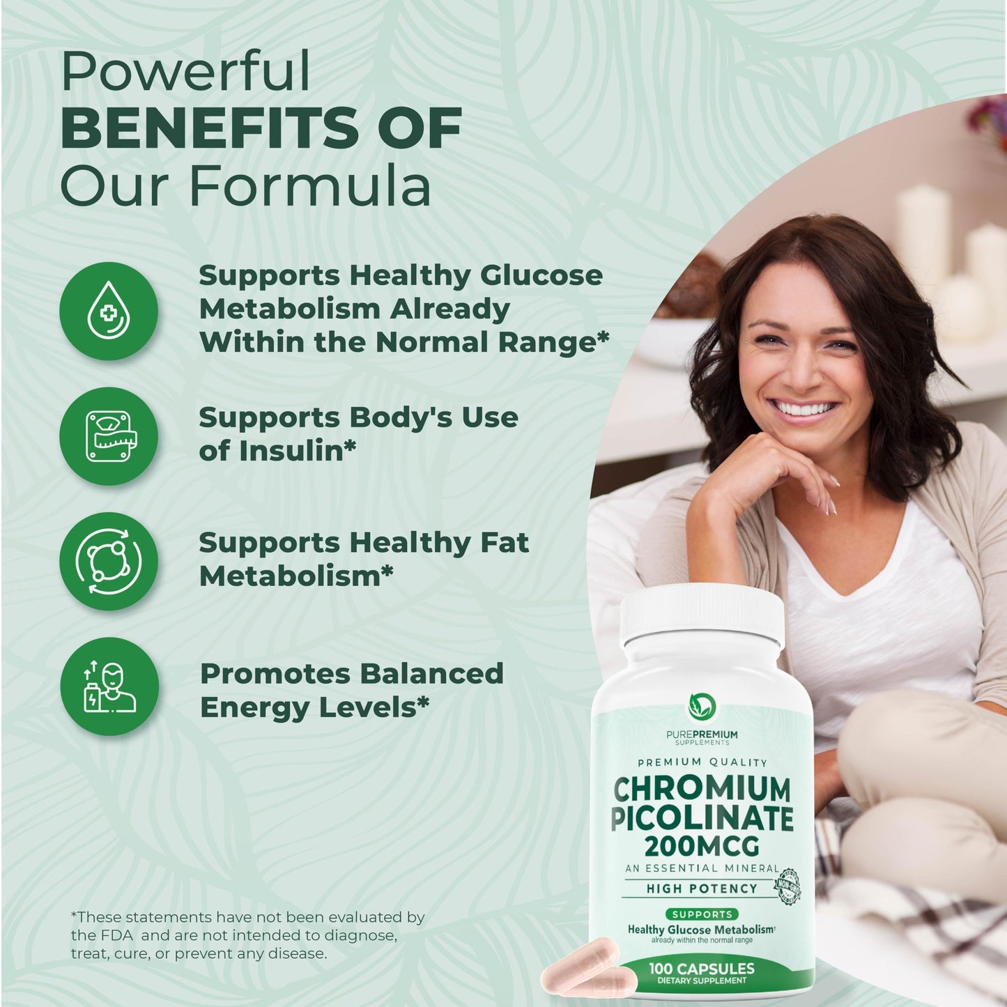 PurePremium Supplements Chromium Picolinate 200mcg Capsules, 100 Count