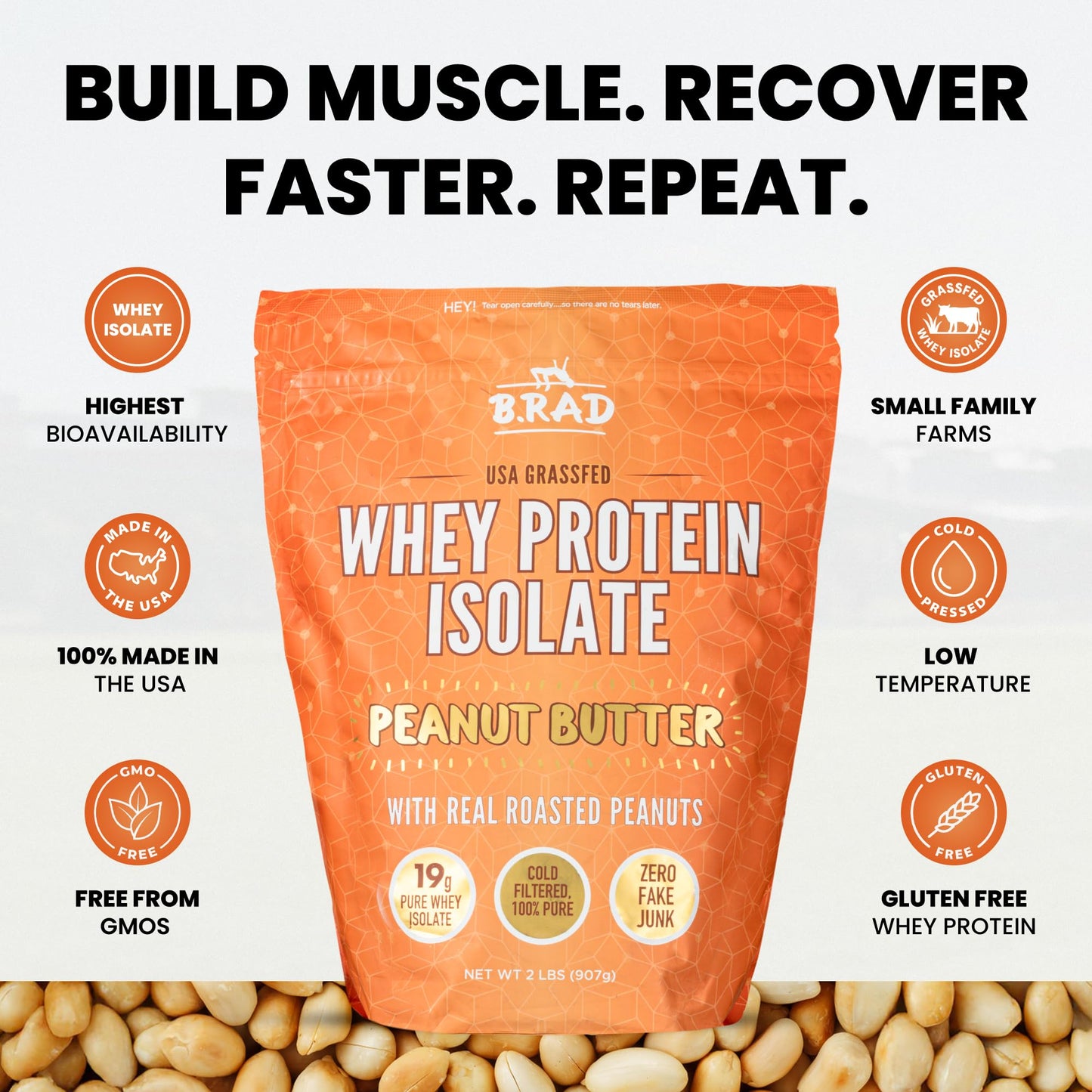 B.rad Grass Fed Whey Protein Isolate Powder Peanut Butter 32 Servings