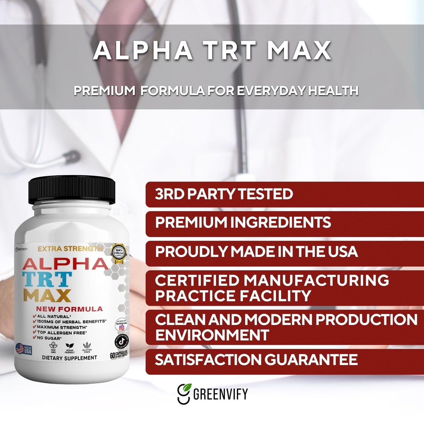 GREENVIFY Alpha TRT Max Extra Strength Organic Maca Root Blend 60 Capsules