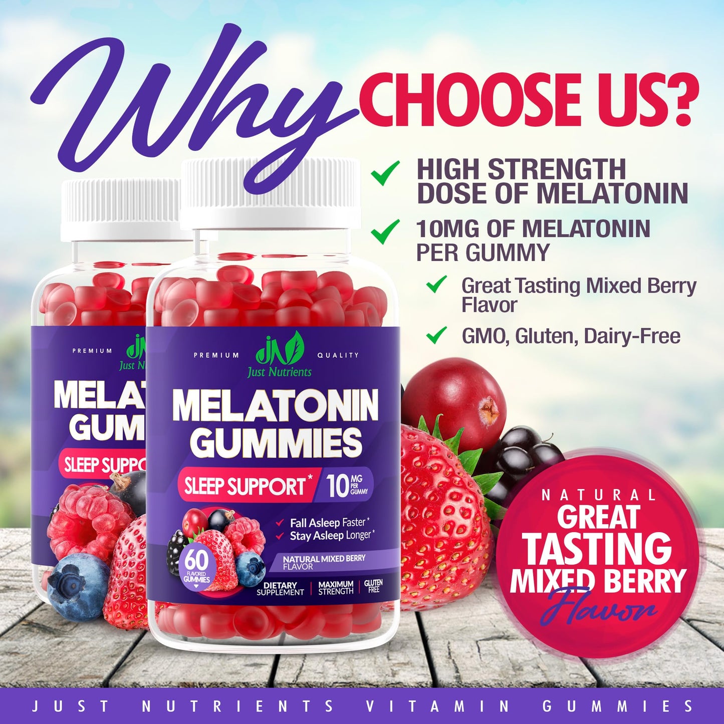 Just Nutrients Melatonin 10mg Gummies, 60 Count
