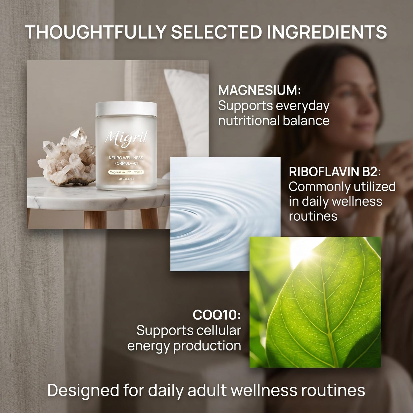 EVERVISION Migril Magnesium with Riboflavin B2 & CoQ10 Daily Head Comfort & Wellness Support for Adults Magnesium Supplement Formula Capsule 60 Count