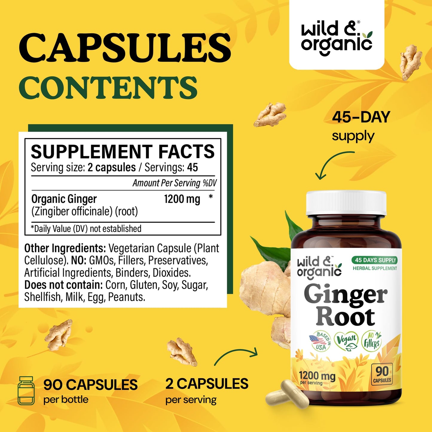 Wild & Organic Ginger Root Capsules 1200 mg 90 Count