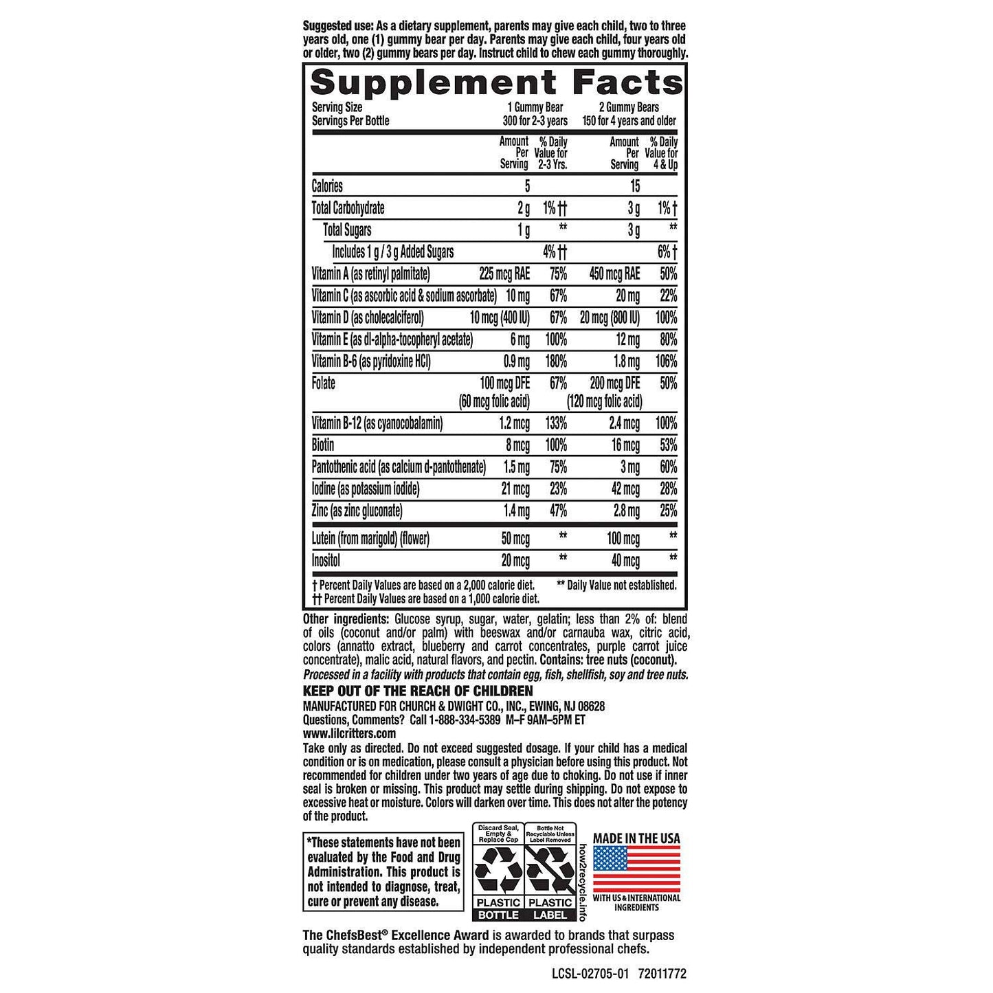Lil Critters Gummy Vites Children's Chewable Gummy Bear Multivitamin Dietary Supplement, 300 Count