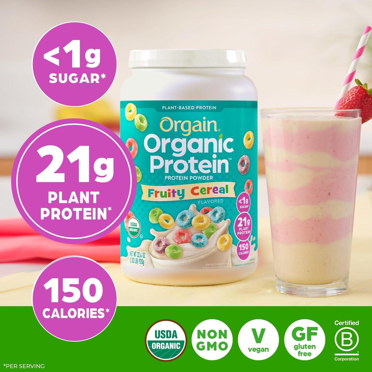 Orgain Organic Vegan 21g Protein Powder, Fruity Cereal, 32.4 oz