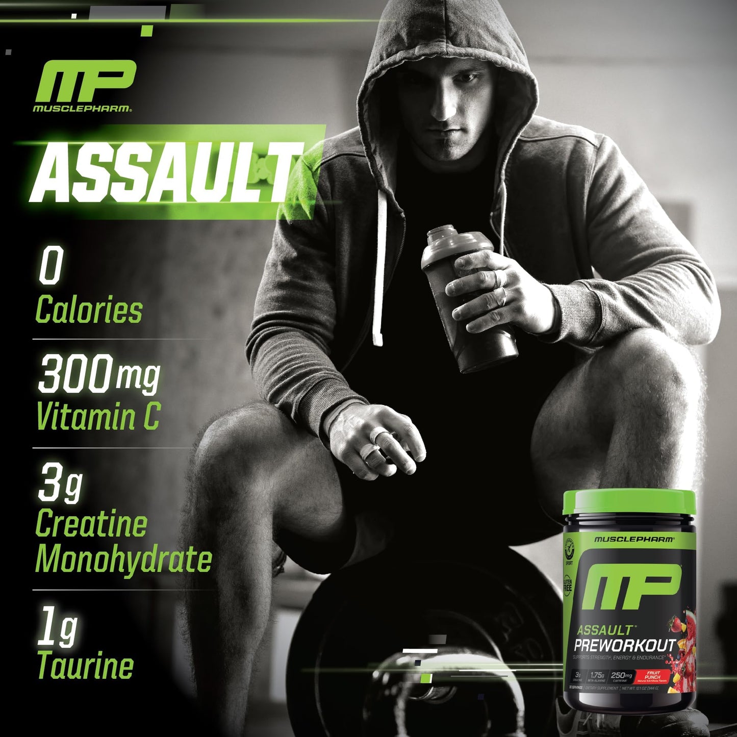 Muscle Pharm Assault Pre Workout Powder Fruit Punch Flavor 12.1 Ounce