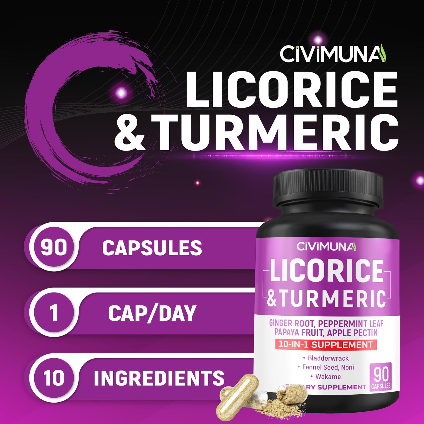CIVIMUNA Licorice Root Capsules with Turmeric Root, Ginger Root, Peppermint Leaf & Papaya Fruit, 90 Capsules