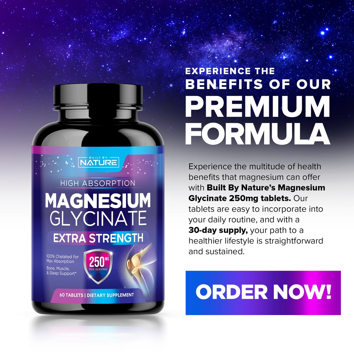 Built by Nature Magnesium Glycinate 250mg Tablet, 60 Count