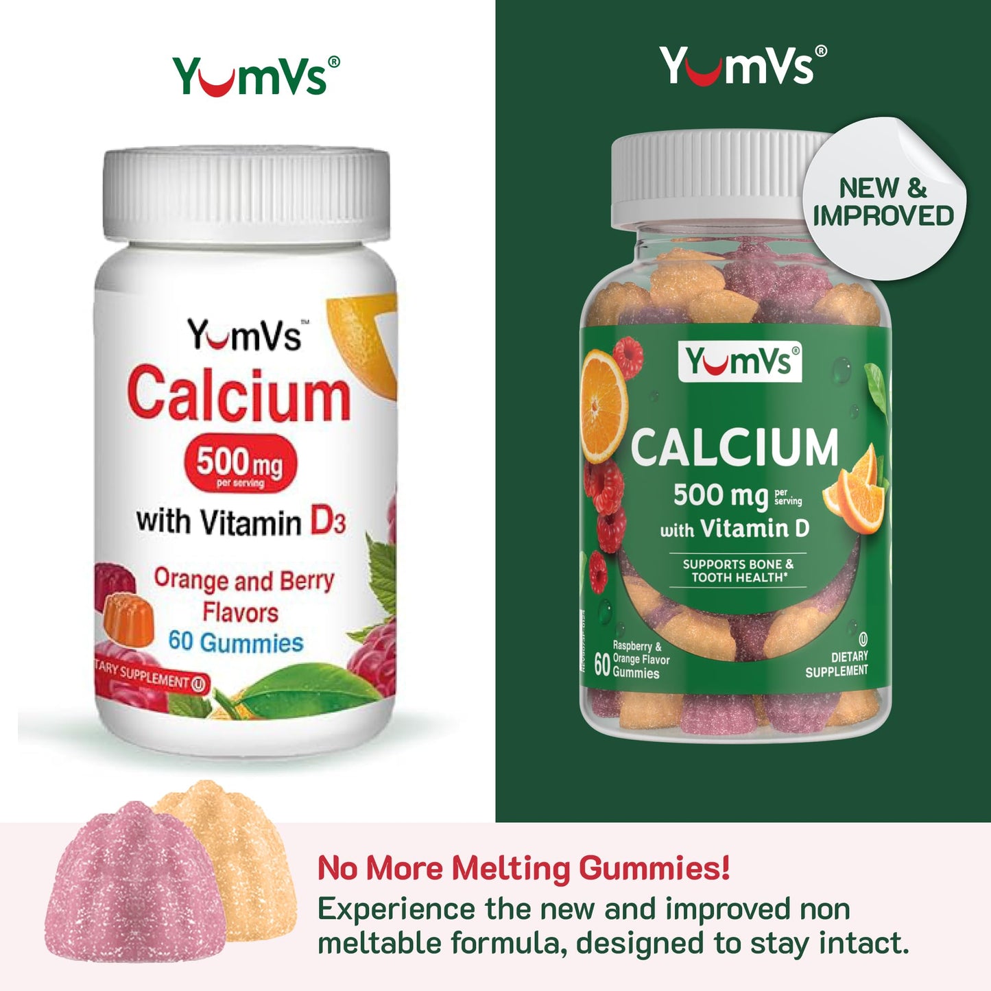YUM-V'S Calcium 500mg with Vitamin D3 Gummies, Raspberry & Orange Flavor, 60 Gummies