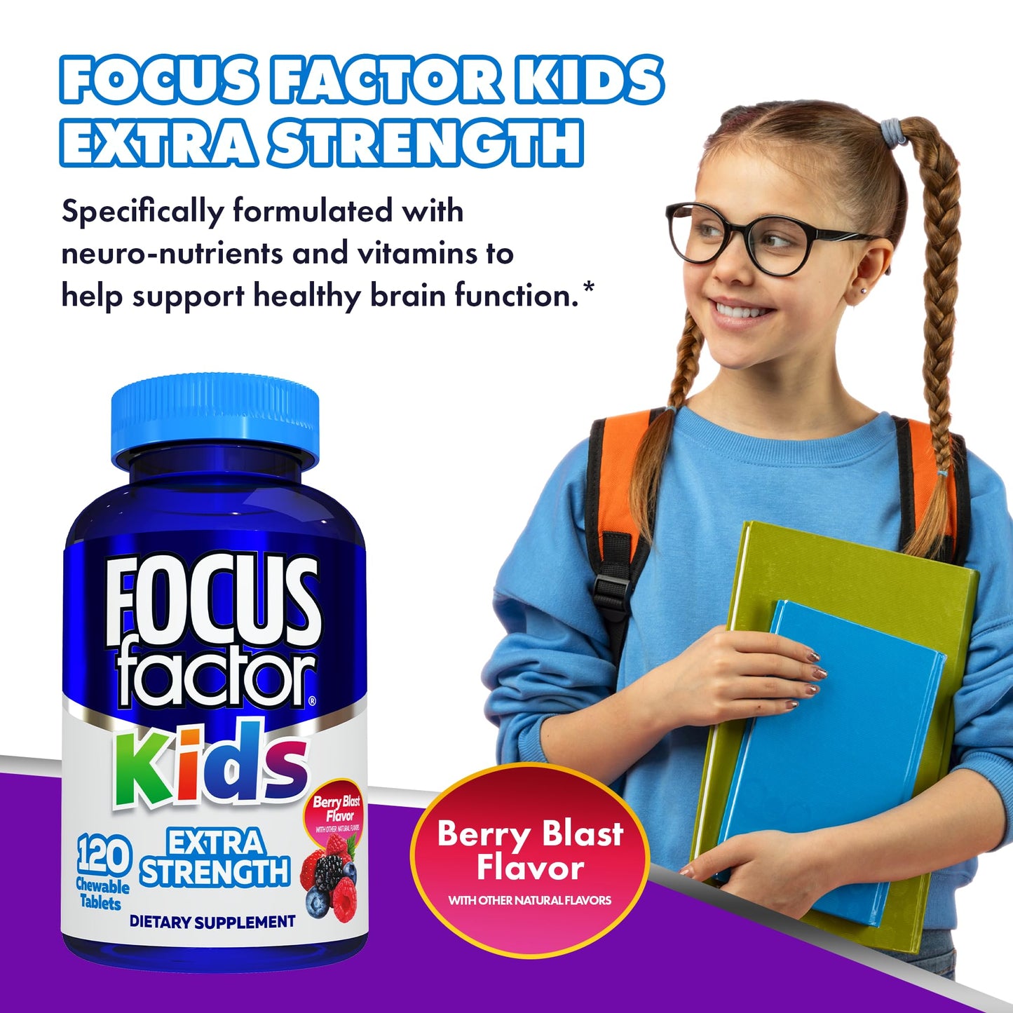 Focus Factor Kids Extra Strength Daily Chewable for Brain Health Support Tablets, 240 Tablets