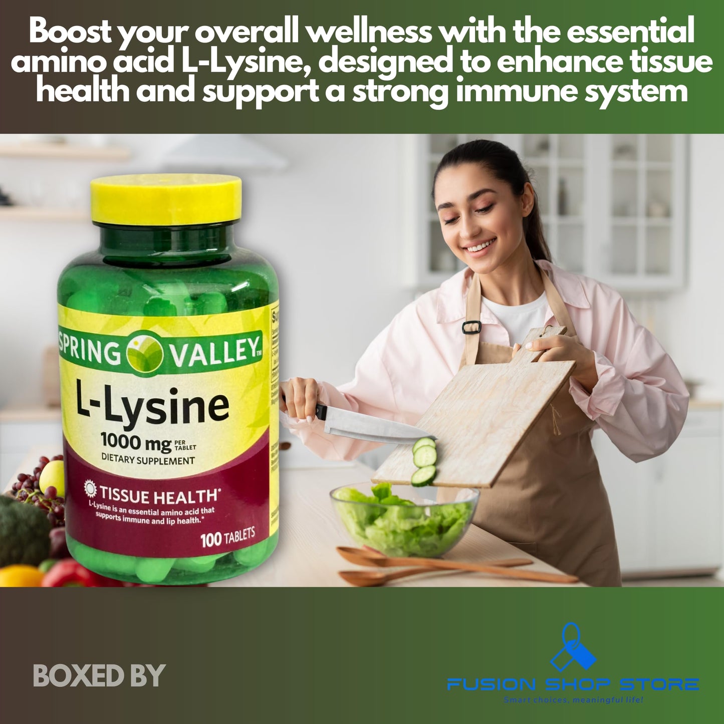 Fusion Shop Store L-Lysine 1000mg Essential Amino Acid Capsules, 100 Count