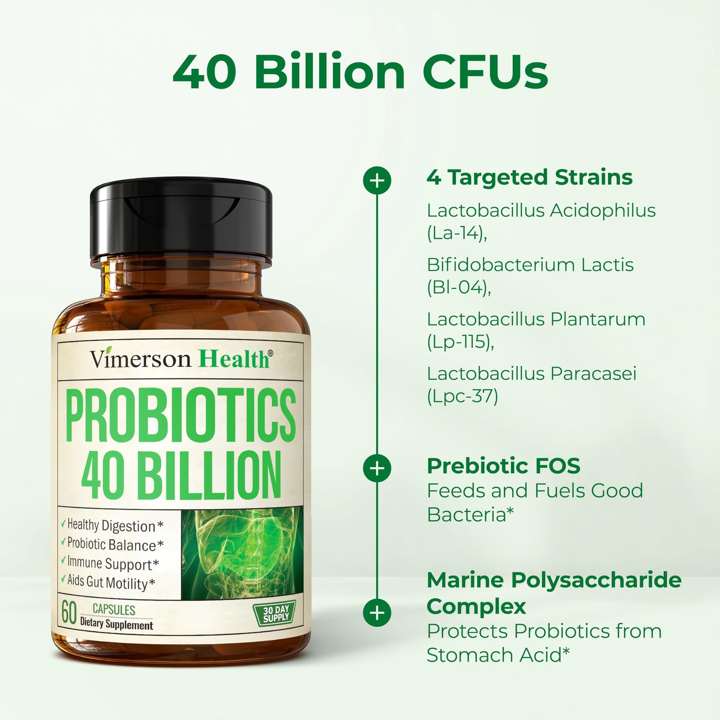 Vimerson Health Probiotics for Women & Men, 40 Billion CFU Prebiotics for Gut Health Capsules 60 Count