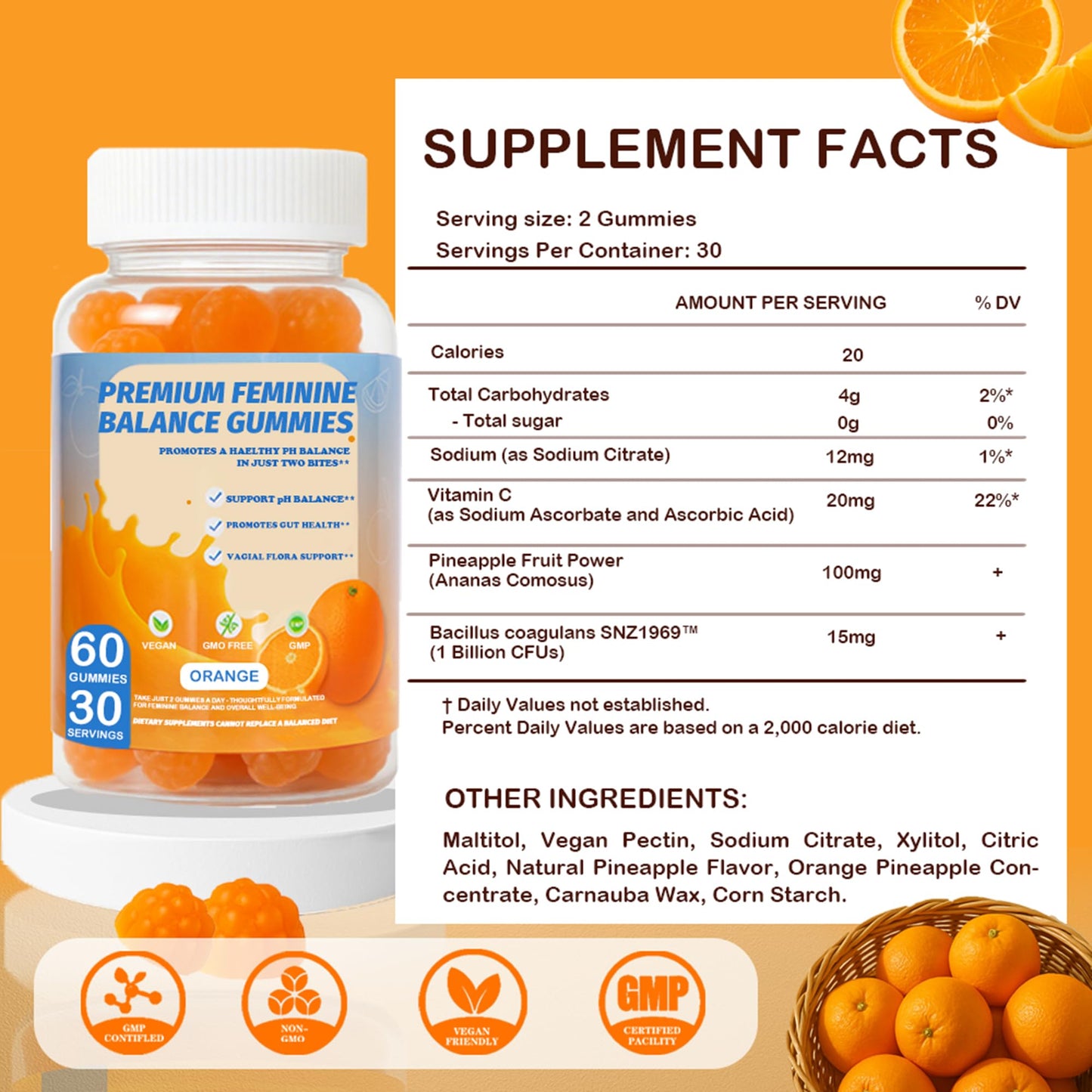 DEWANG Feminine Balance Gummies – Daily pH Balance & Vaginal Health Support, Probiotics for Women's Odor & Confidence Pineapple Flavor Vegan & Sugar-Free (Orange), 60 Gummies
