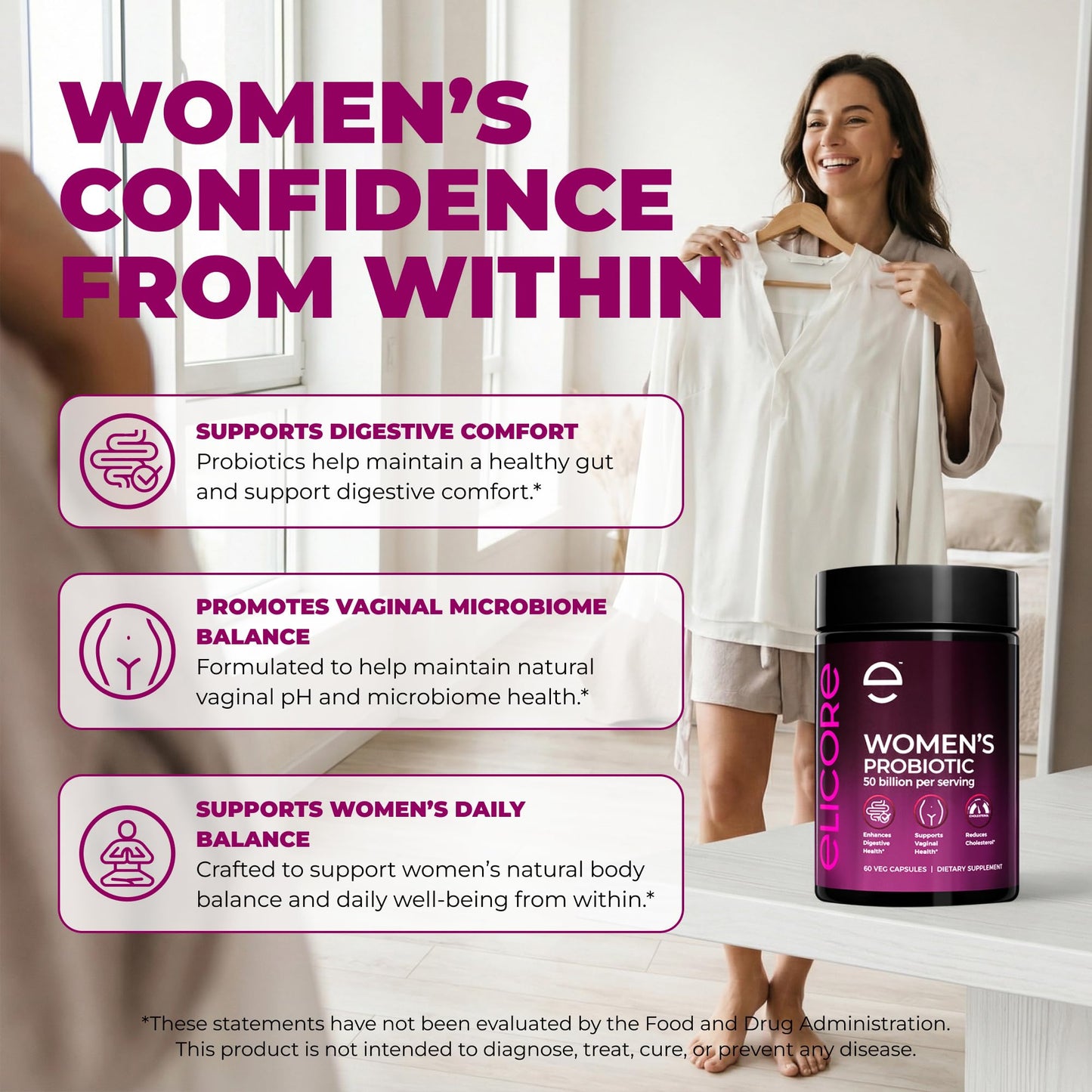ELICORE Premium Probiotics for Women 50 Billion CFU, 60 Capsules