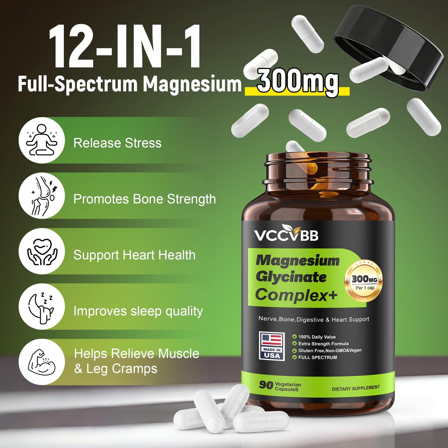VCCVBB Magnesium Glycinate 300mg Elemental Magnesium Complex, Vegan Capsule, 120 Count