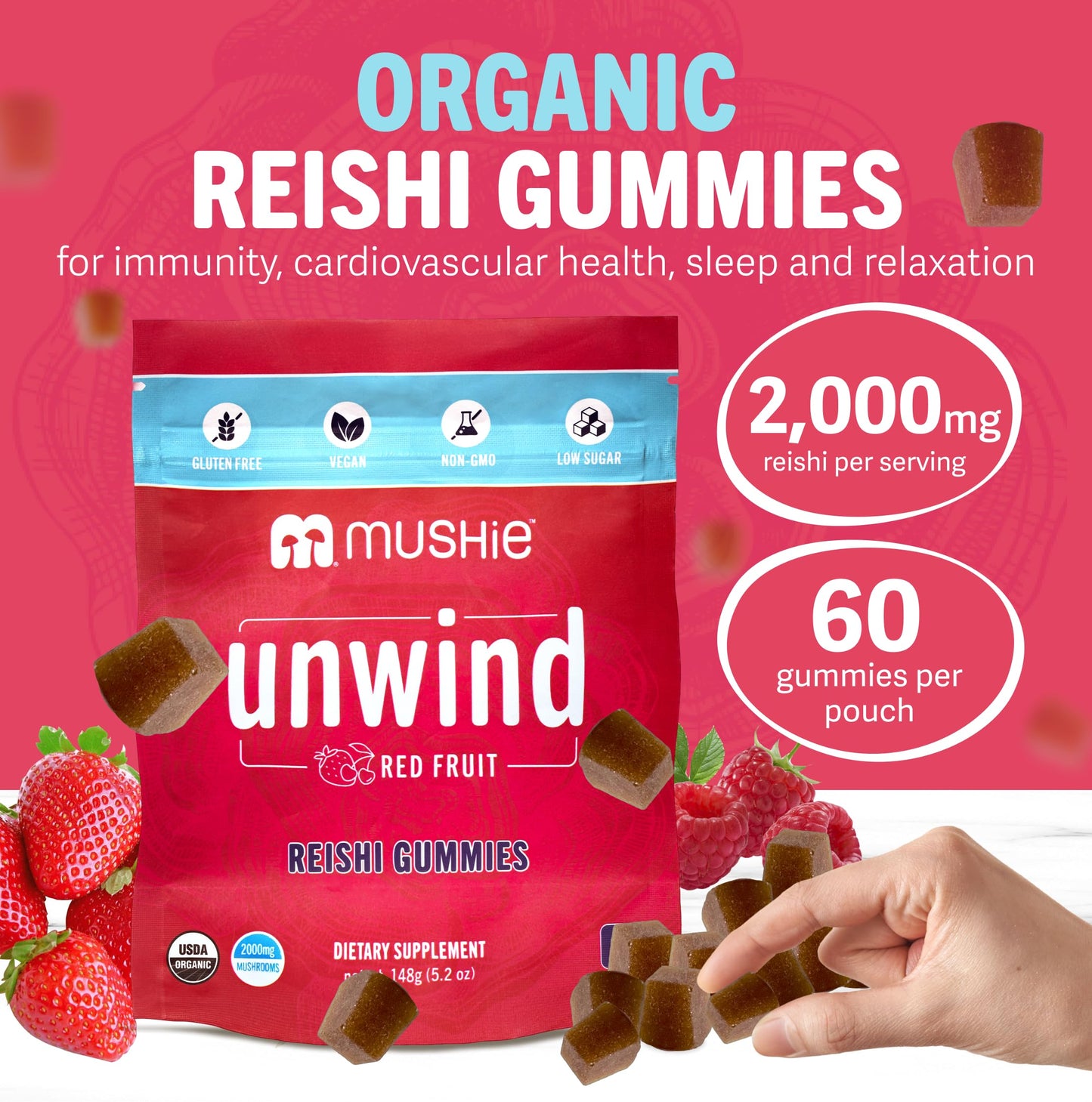 Mushie 100% Organic Reishi Mushroom Gummies, 2000mg Reishi Nootropic, Vegan & Gluten-Free, 60 Count