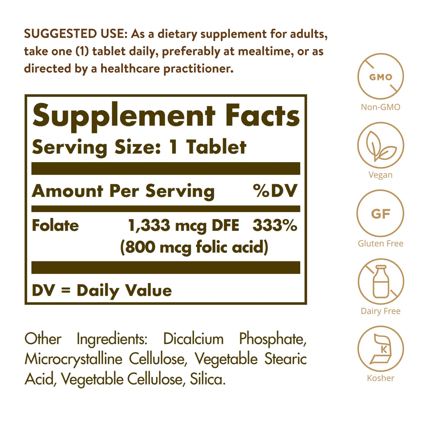Solgar Folate 1,333 mcg DFE, 800 mcg Bio-Active Metafolin, 100 Tablets