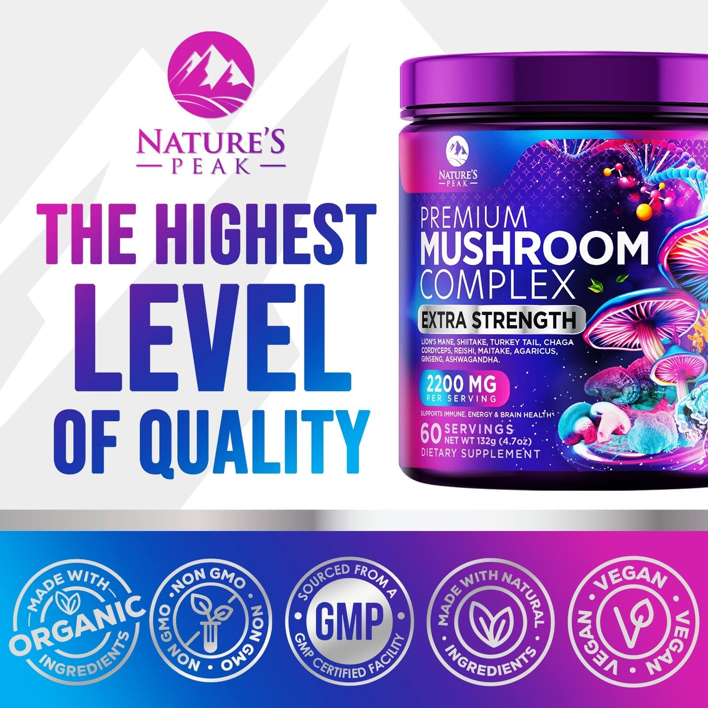 Nature's Peak Mushroom Powder Supplement 11-in-1 Blend Organic Lions Mane Reishi Cordyceps Chaga Turkey Tail Mushroom Extract Powder Brain & Immune Support Bottled in USA 4.6562
