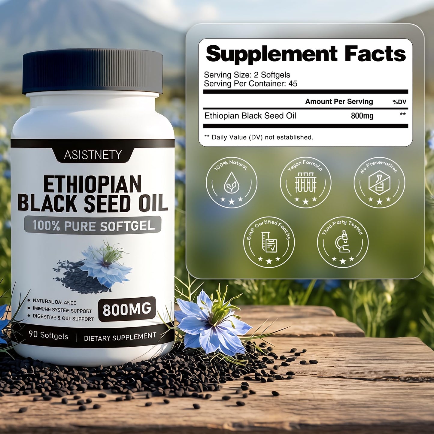 ASISTNETY Ethiopian Black Seed Oil with 4.64% Thymoquinone Capsule 90 Count