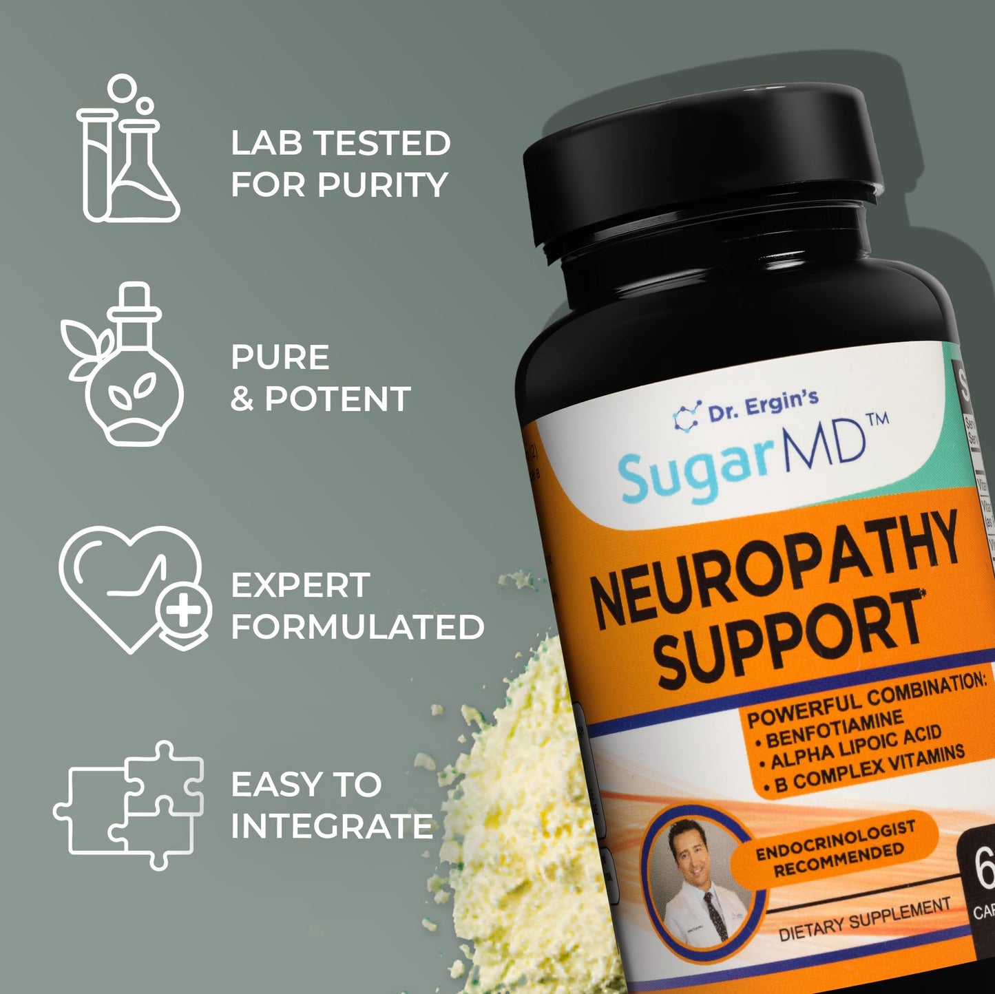 SugarMD Neuropathy Support Supplement – 60 Capsules with Alpha Lipoic Acid, Benfotiamine & Vitamin D3 B6 B12