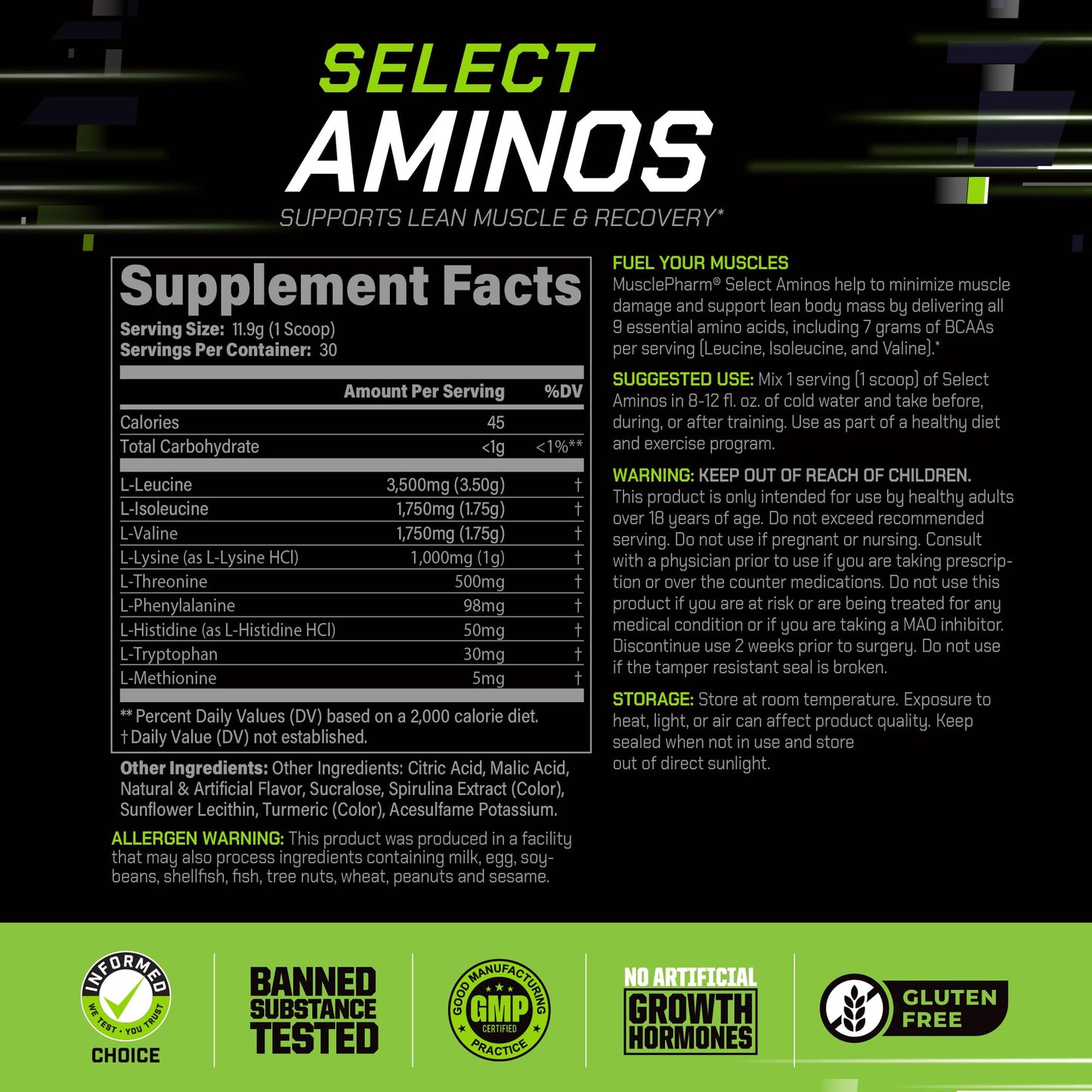 Muscle Pharm Select Aminos EAA + BCAAs Powder 64 Servings