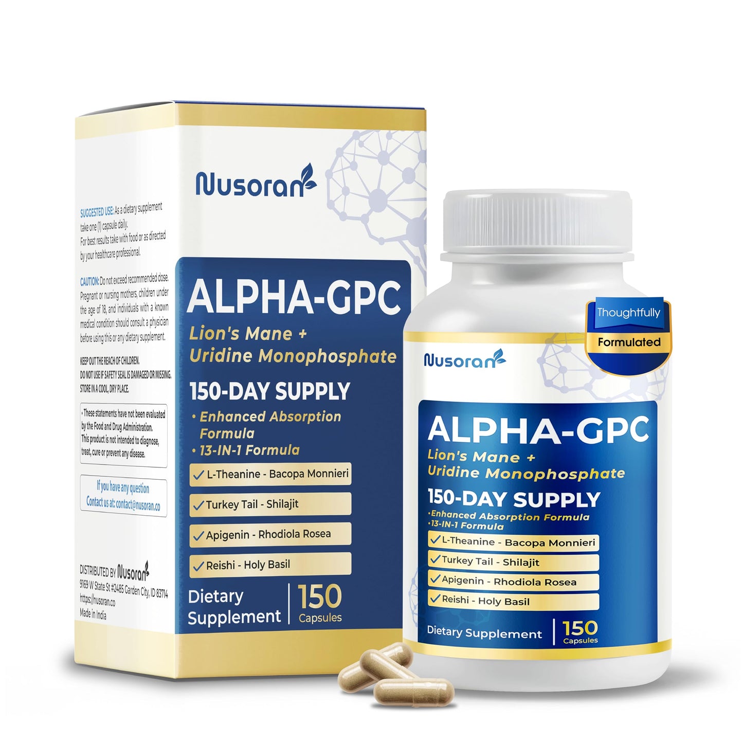 NUSORAN Ultra Alpha-GPC - 13-in-1 with Lion’s Mane, Uridine, Bacopa, Rhodiola - Max Absorption - Non-GMO, Gluten-Free, Lab Tested Capsule, 150 Count