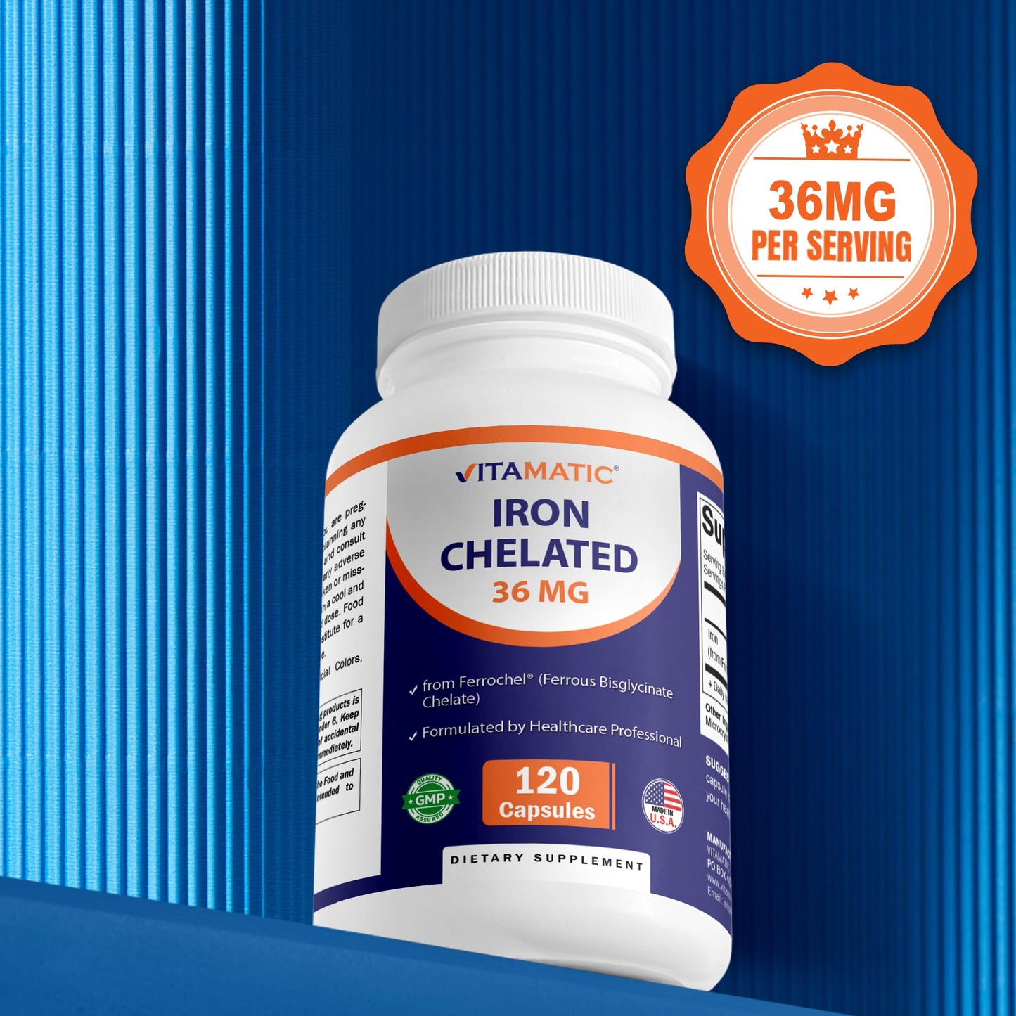 Vitamatic Chelated Iron 36 mg (from Ferrochel Ferrous Bisglycinate Chelate) Capsule, 120 Veg Capsules