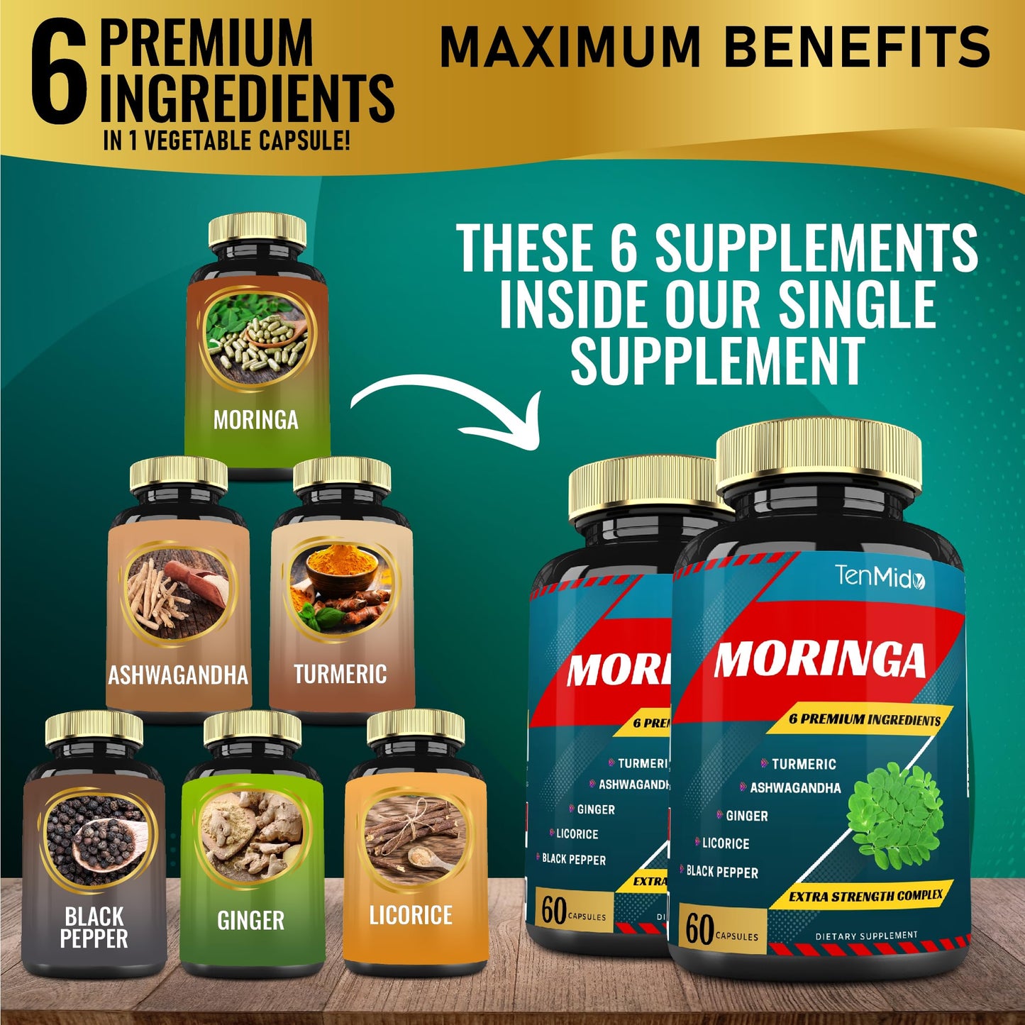 Tenmido Moringa Capsules with Turmeric, Ashwagandha, Ginger, Licorice & Black Pepper, Immune Support & Energy Booster, 120 Capsules
