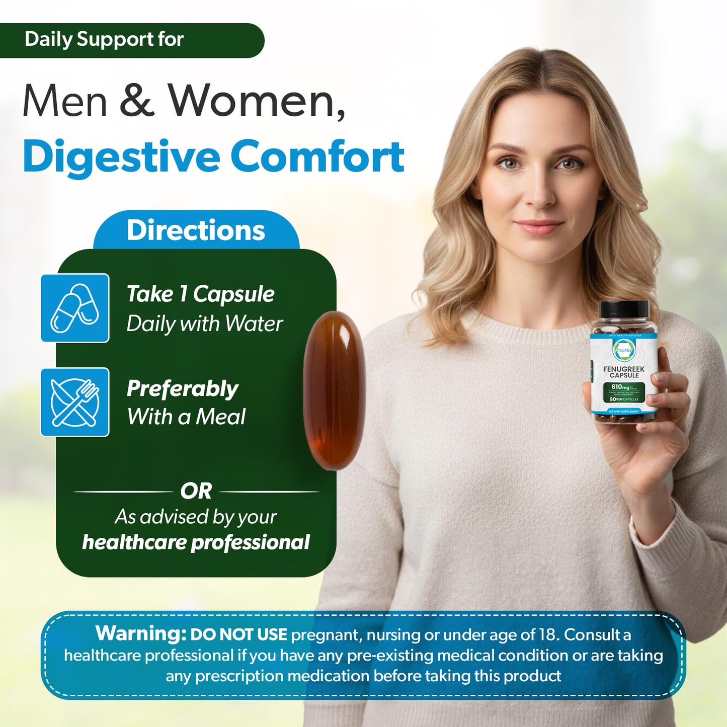 TRUEMED Organic Fenugreek 610 mg Vegetable Capsules, 90 Count