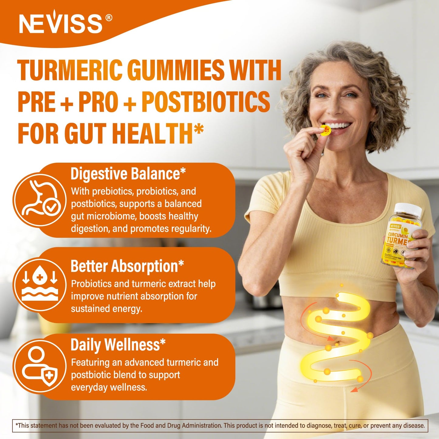 NEVISS Sugar Free Turmeric Curcumin Filled Gummies 550mg for Adults, Ginger & Black Pepper, 60 Gummies