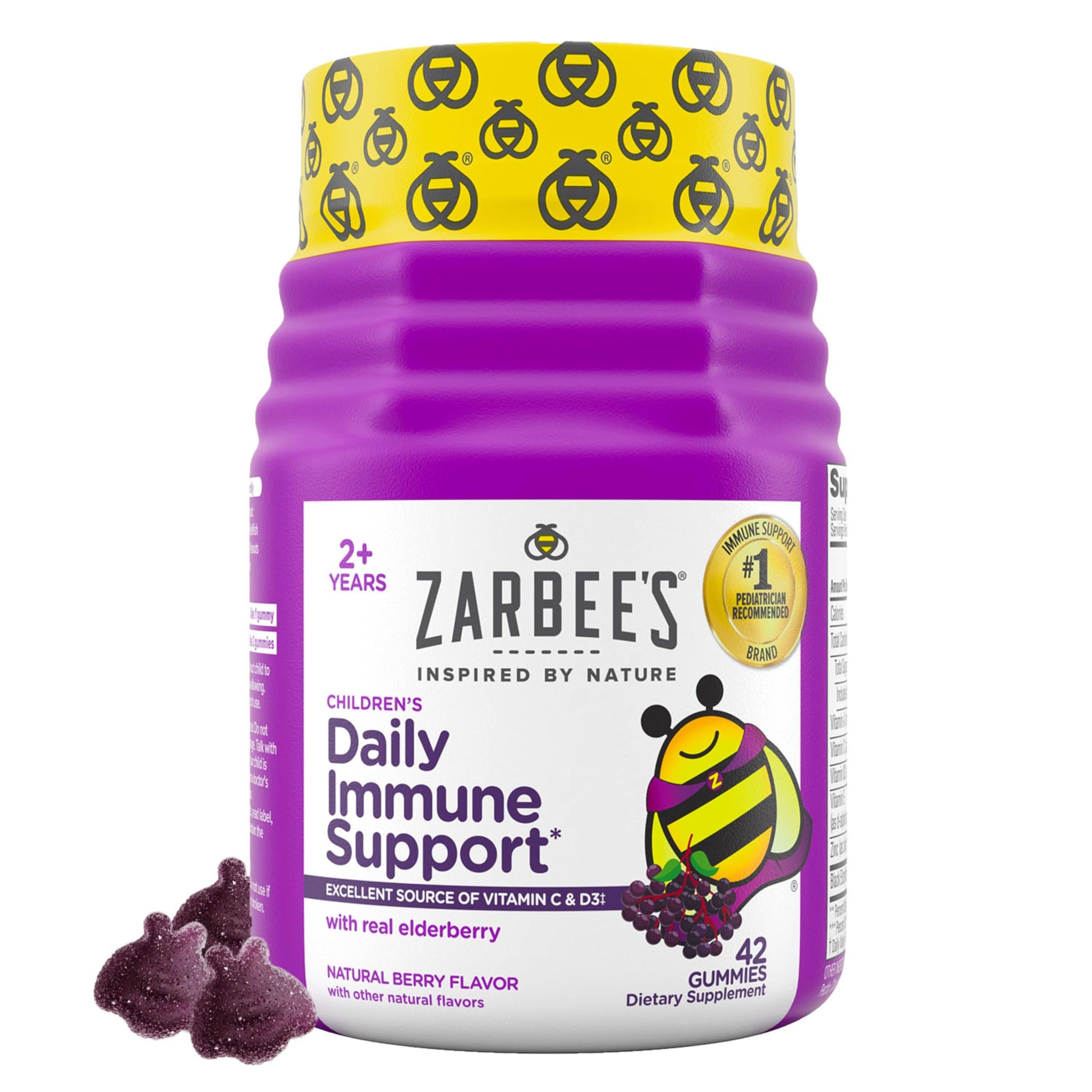Zarbee's Elderberry Gummies for Kids, Immune Support Supplement with Vitamins A, C, D3, E, & Zinc, 42 Gummies