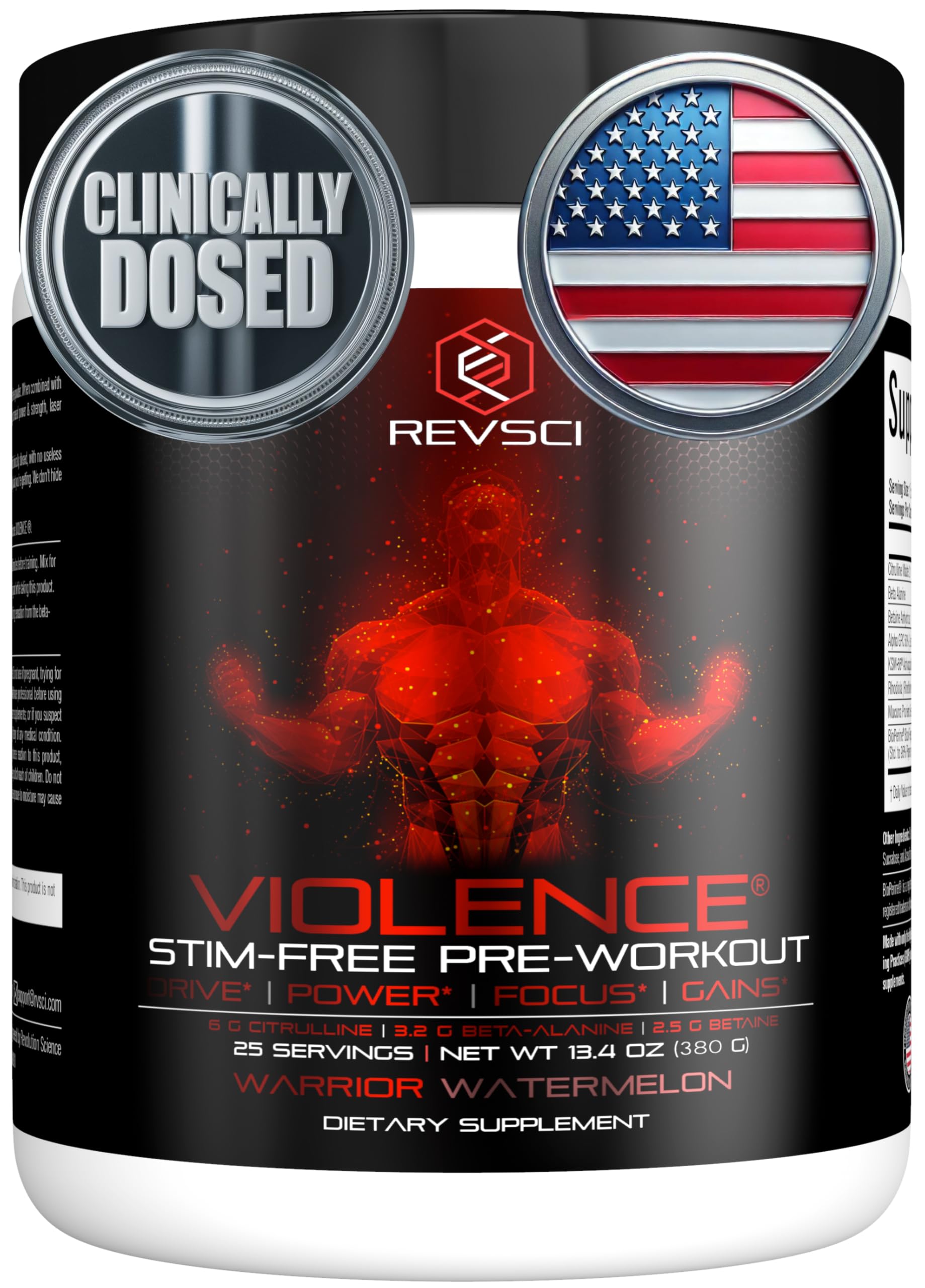Revolution Science Violence Stim Free Pre Workout Powder Clinically Dosed Powder 15 Servings