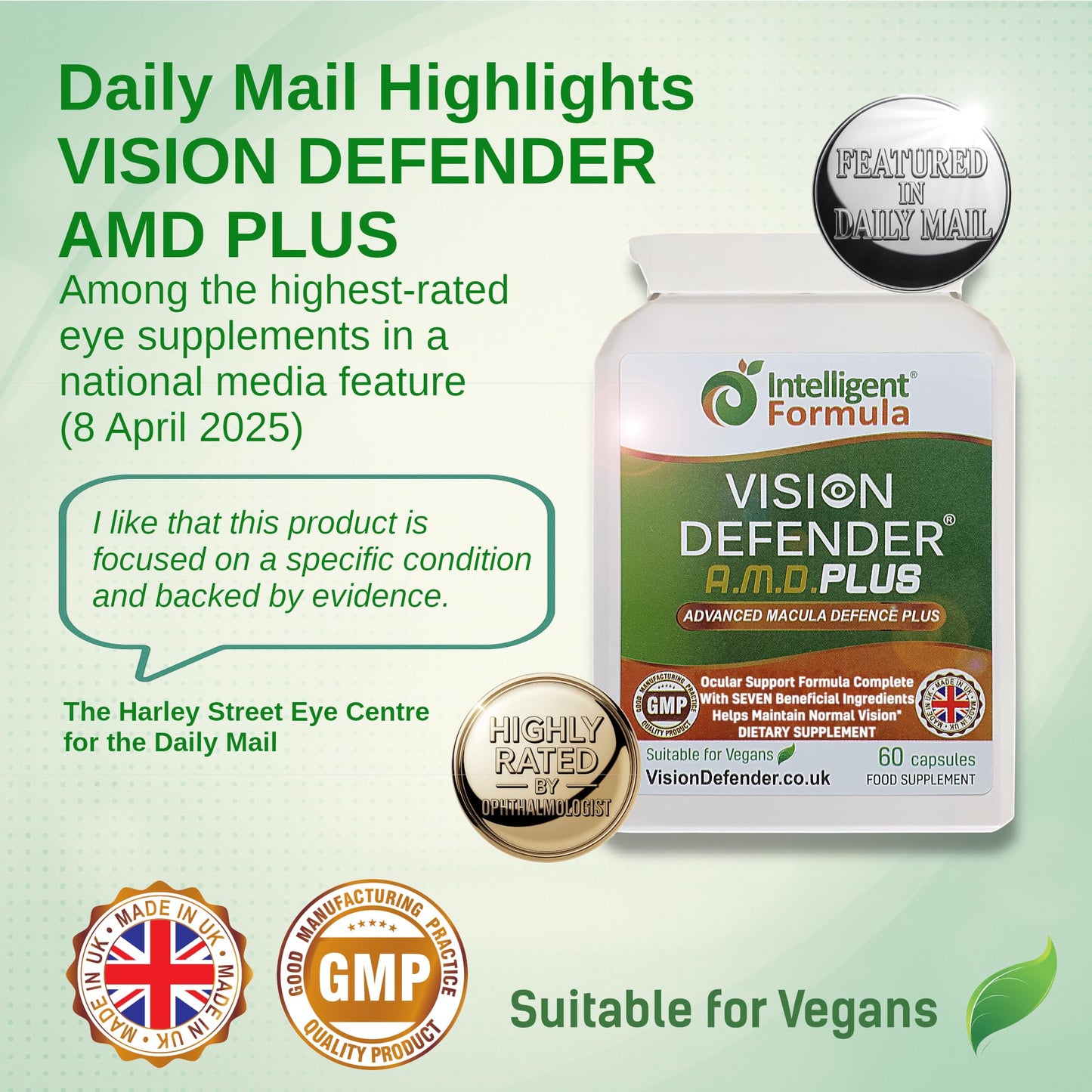Intelligent Formula Vision Defender Plus Eye Supplement AREDS2 Formula with Lutein, Zinc & Meso-Zeaxanthin, 60 Capsules