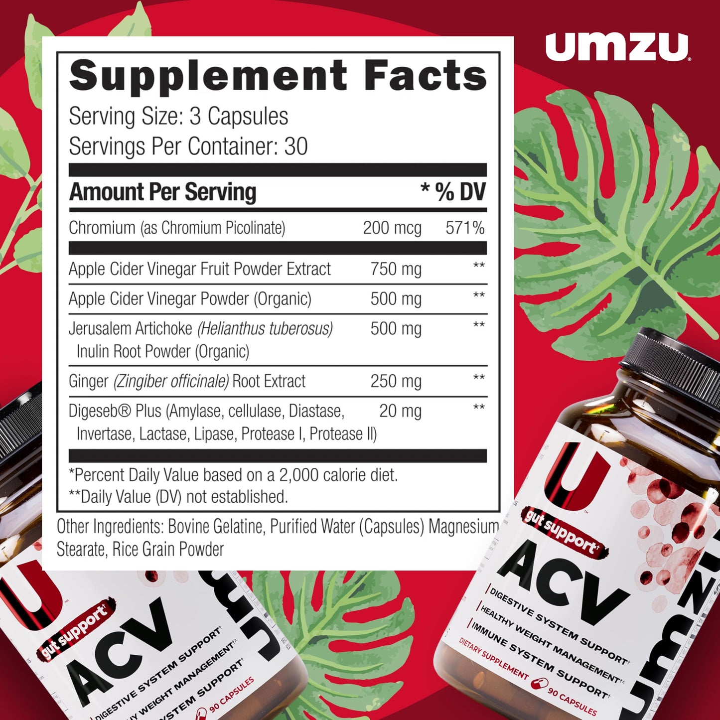 UMZU zuACV Apple Cider Vinegar + Prebiotics Capsules, 90 Count